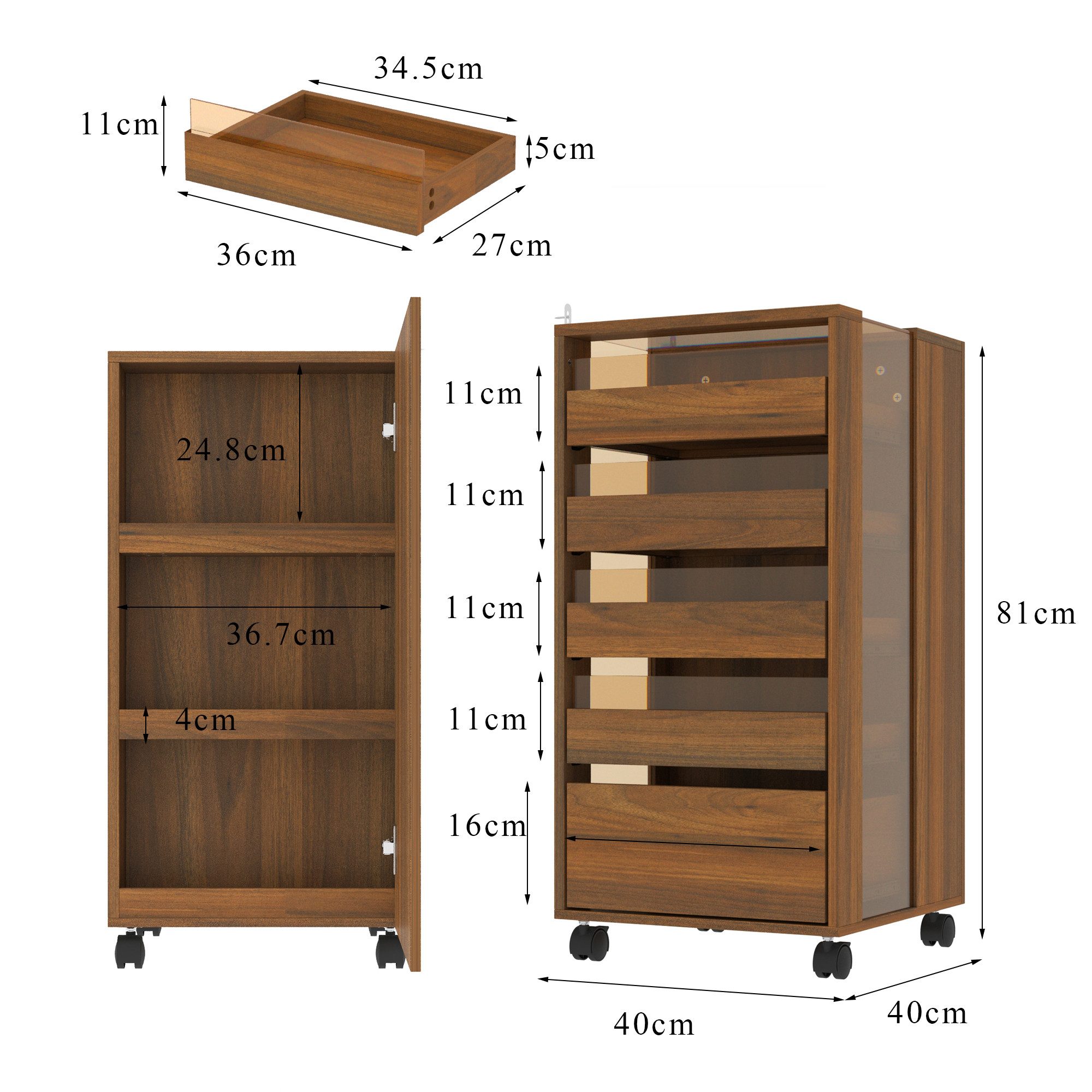 FUFU&GAGA Rollcontainer Rollcontainer mit Glas, walnussfarben, MDF & Glas, 40×40×81 cm