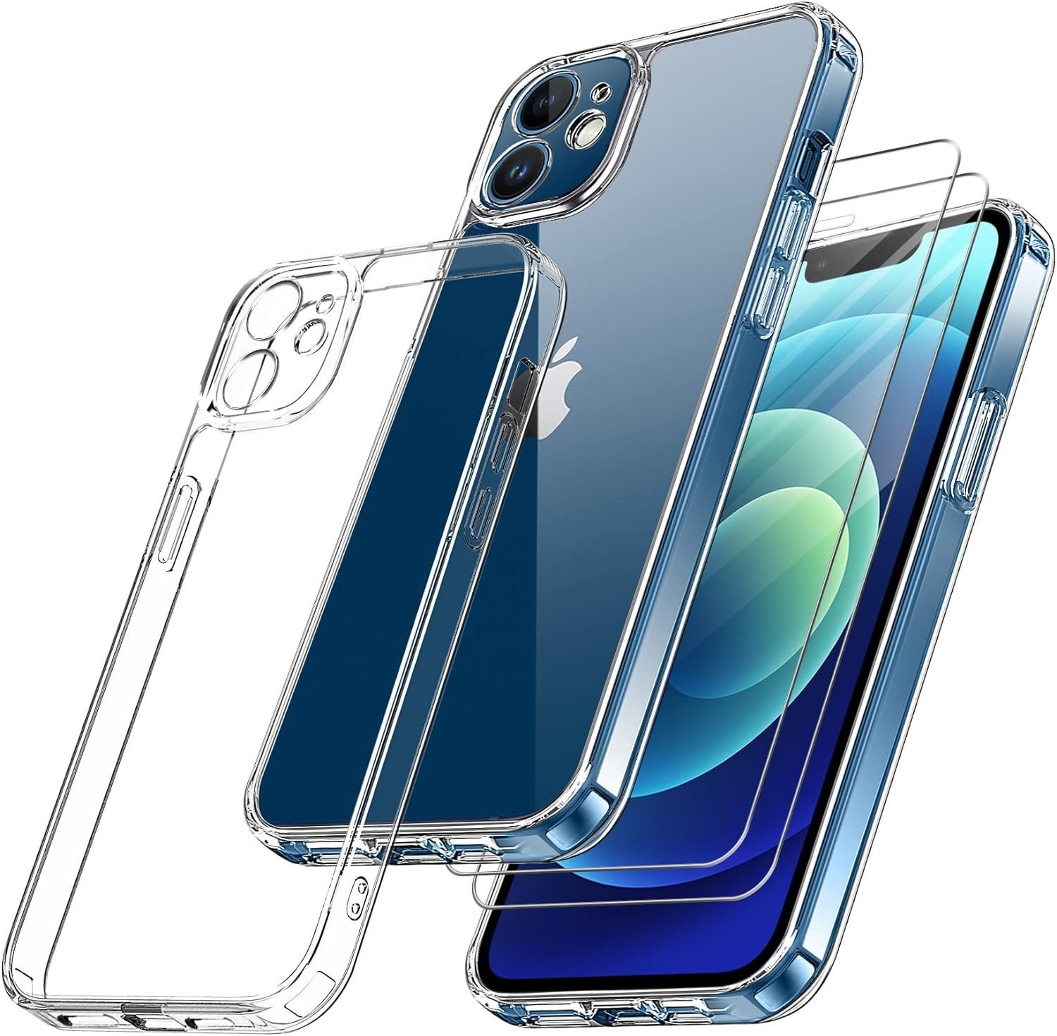 Baker Displayschutzfolie 2 Stück Panzerglas für iPhone iPhone 12, iPhone 12 Mini für iPhone 12, iPhone 12 Mini, (3 Pack), und 1 TPU Handyhülle
