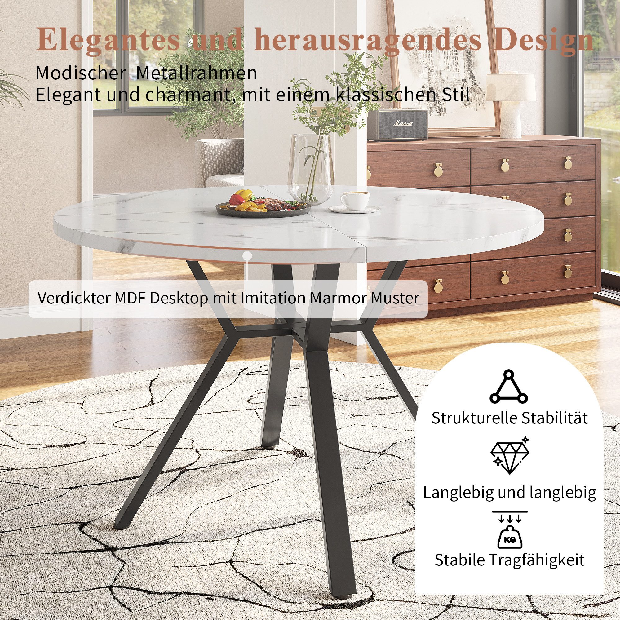 STILVORA Esstisch rund X-förmiger Couchtisch mit Metallhalterung,Küchentisch (runder Küchentisch, weiße Marmoroptik, 1-St., 100*100*75cm), mit X-förmiger Metallhalterung,Marmormuster Desktop