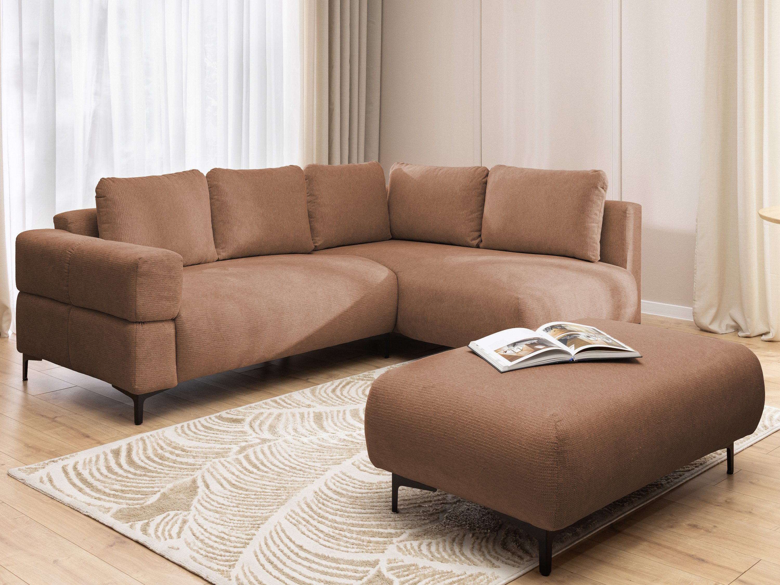 S-Style Möbel Ecksofa und Hocker Cardea mit Schlaffunktion in Bubble-Optik, aus weichem Strukturstoff, mit Wellenfederung