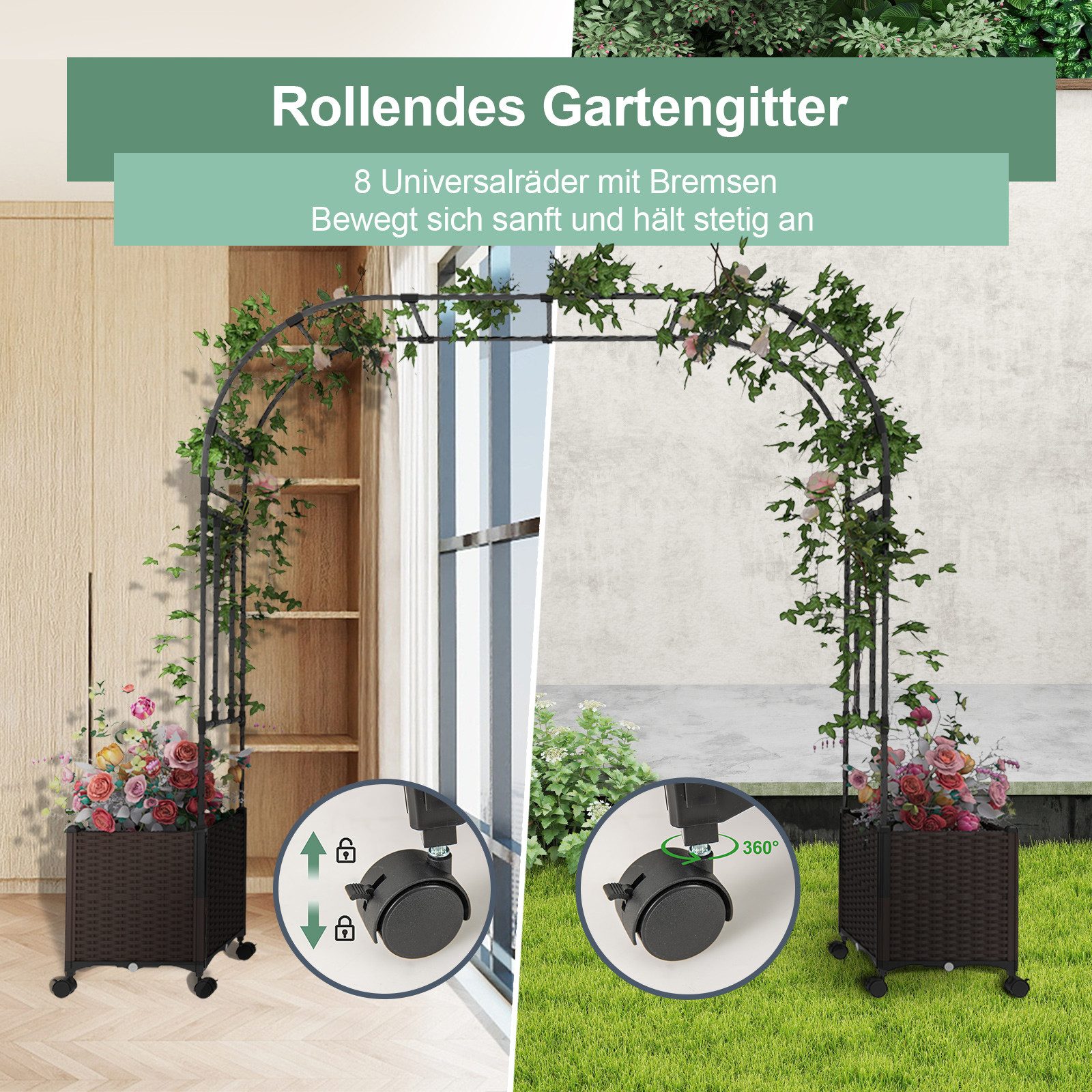 COSTWAY Blumenkasten, Rosenbogen mit 2 Pflanzkästen, auf Rollen, 202cm hoch