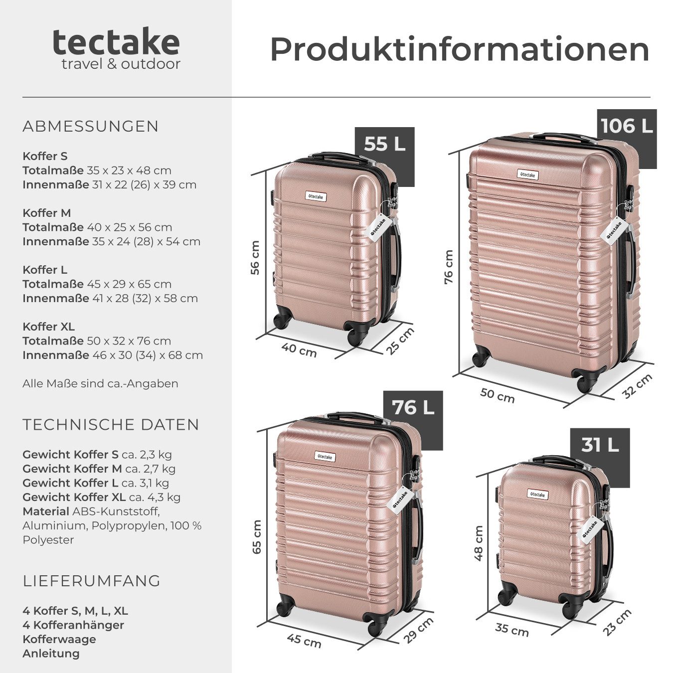 tectake Trolley Hartschalenkoffer-Set, 4 Rollen, 4-teilig aus robustem ABS-Kunststoff inkl. Kofferwaage und -anhänger