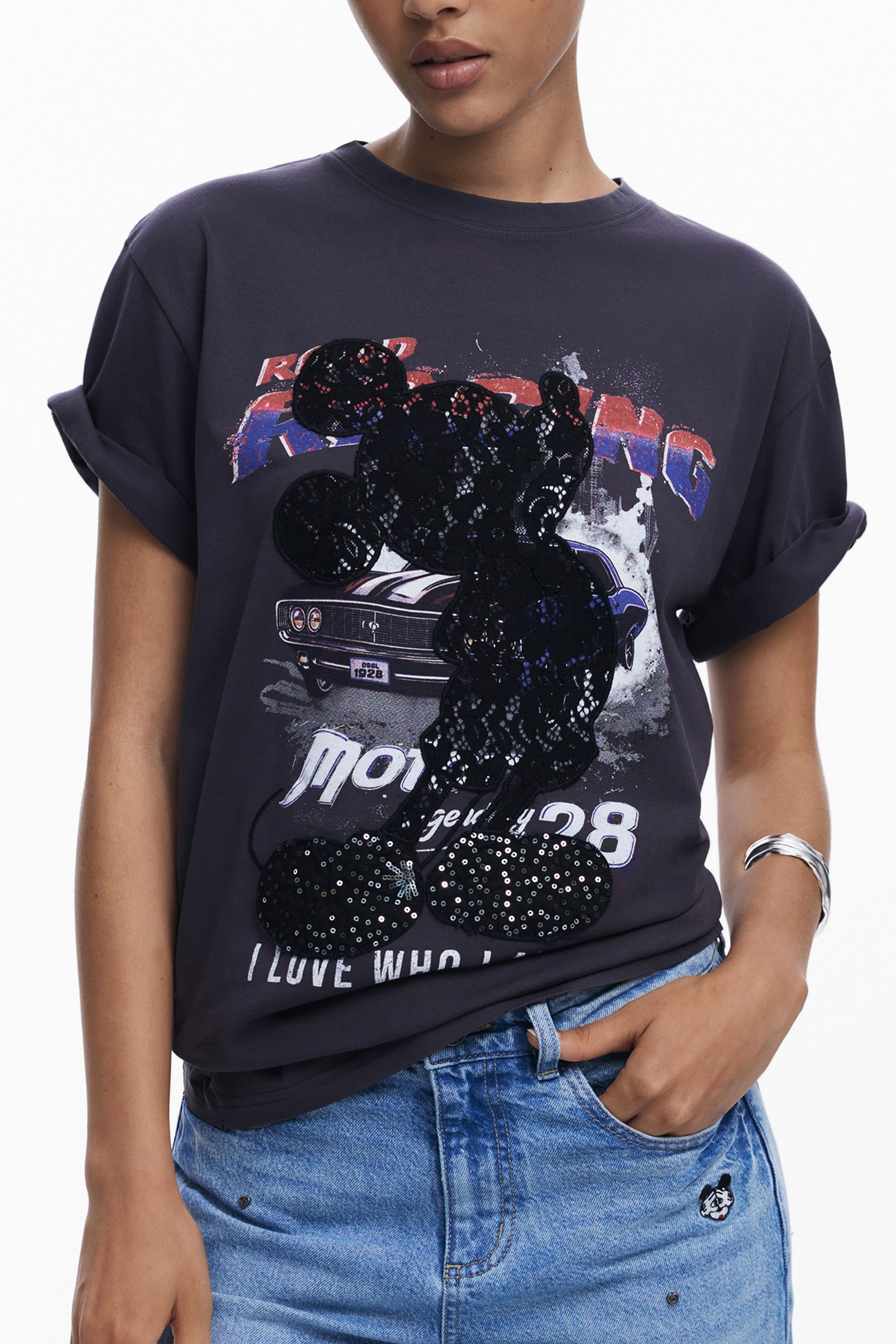 Desigual T-Shirt Stylisches schwarzes Damen T-Shirt mit Mickey-Print