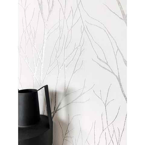 Newroom Vliestapete, Weiß Tapete Floral Äste - Blumentapete Äste Silber Romantisch 3D Optik Zweige für Schlafzimmer Wohnzimmer Küche
