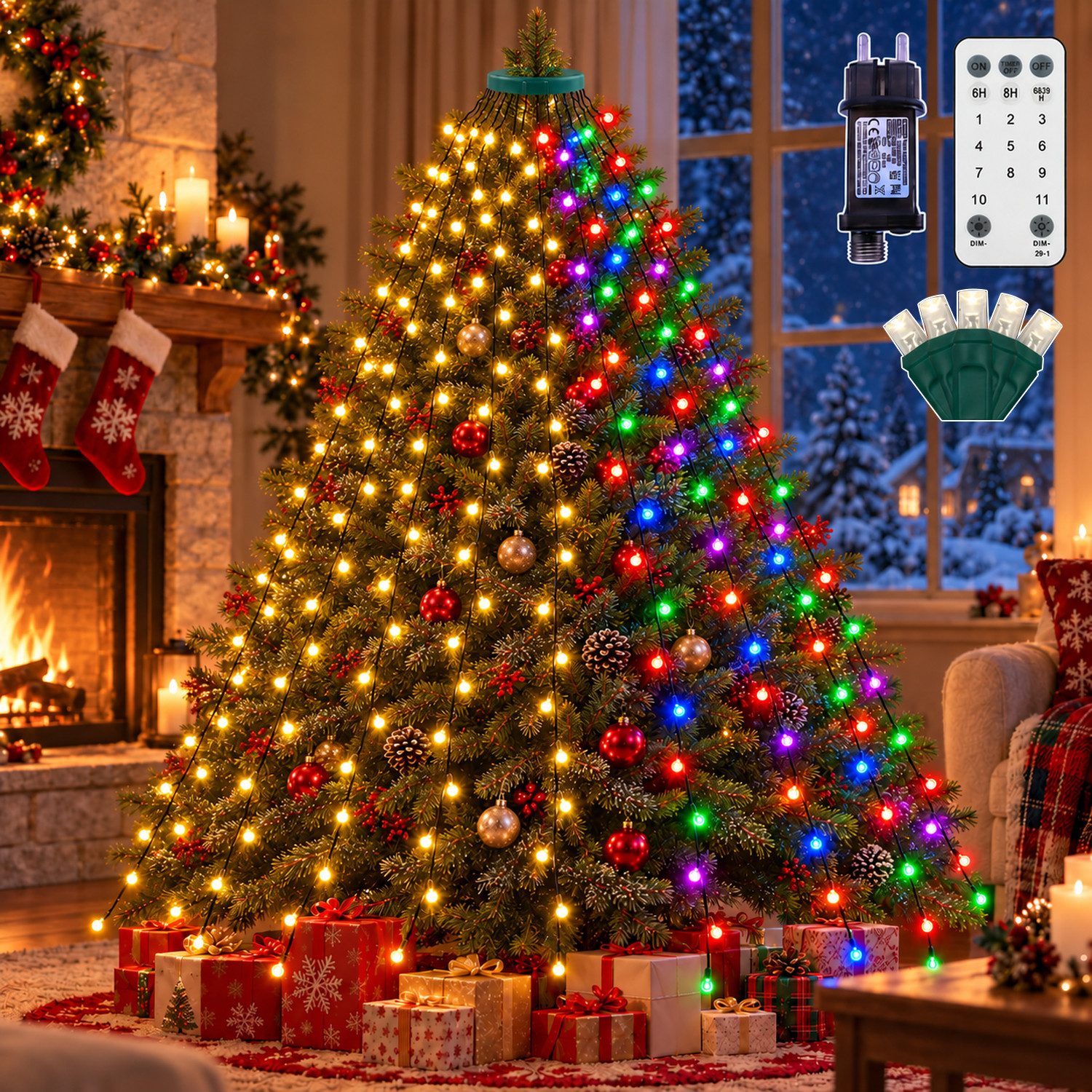 XIIW Lichterkette Weihnachtsbeleuchtung mit Ring 400er LED 2M×16 Girlanden Warmweiß+Bunt, 31V RGB Weihnachtsbaum Dekorieren, 11Modi, Speicherfunktion, Timer, FB