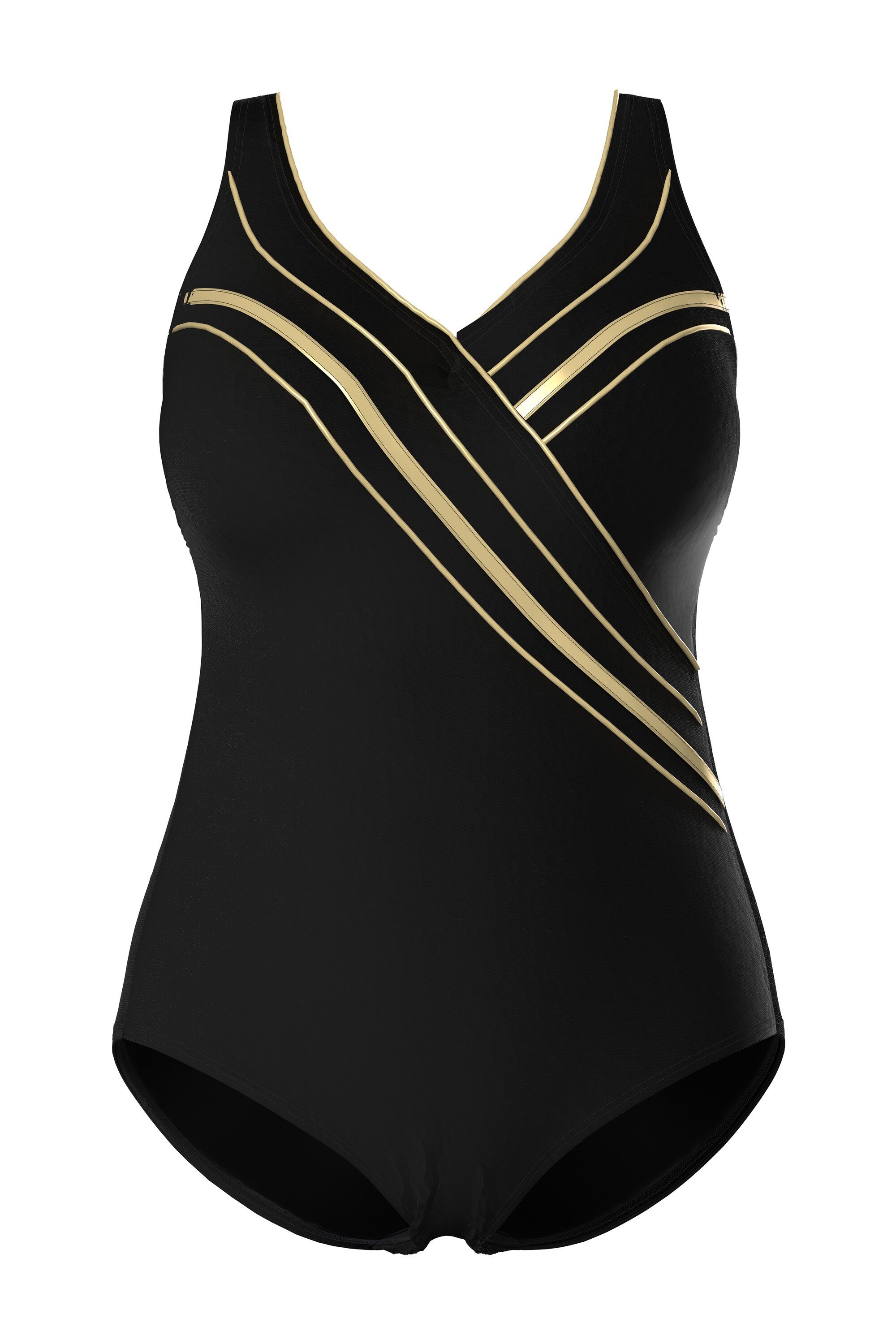 Ulla Popken Badeanzug Badeanzug Gold-Piping Softcups Wickeloptik günstig online kaufen