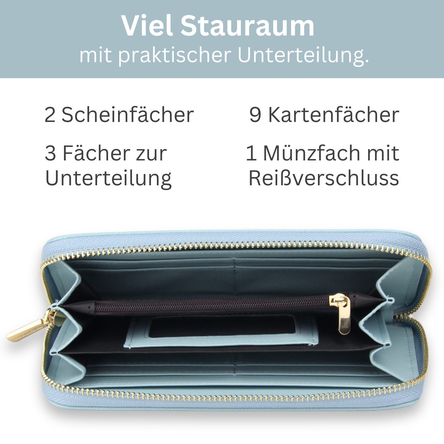 Frentree Geldbörse Damen Portemonnaie mit Rundum-Reißverschluss, 9 Karten, Handyfach, mit 3 große Fächer und RFID-Schutz,inkl. Geschenkbox