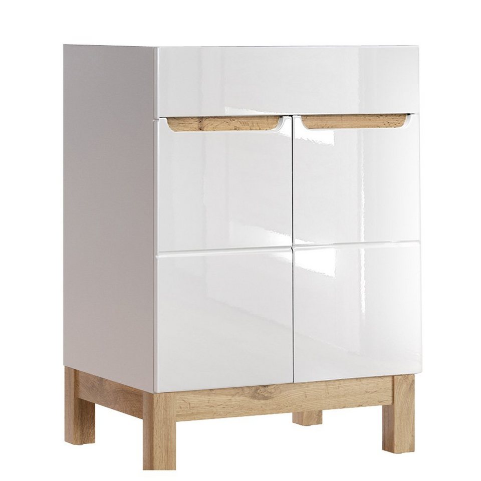 Lomadox Waschbeckenunterschrank SOLNA-56 Waschtischunterschrank 60 cm  Hochglanz weiß mit Wotaneiche 60x85x45cm