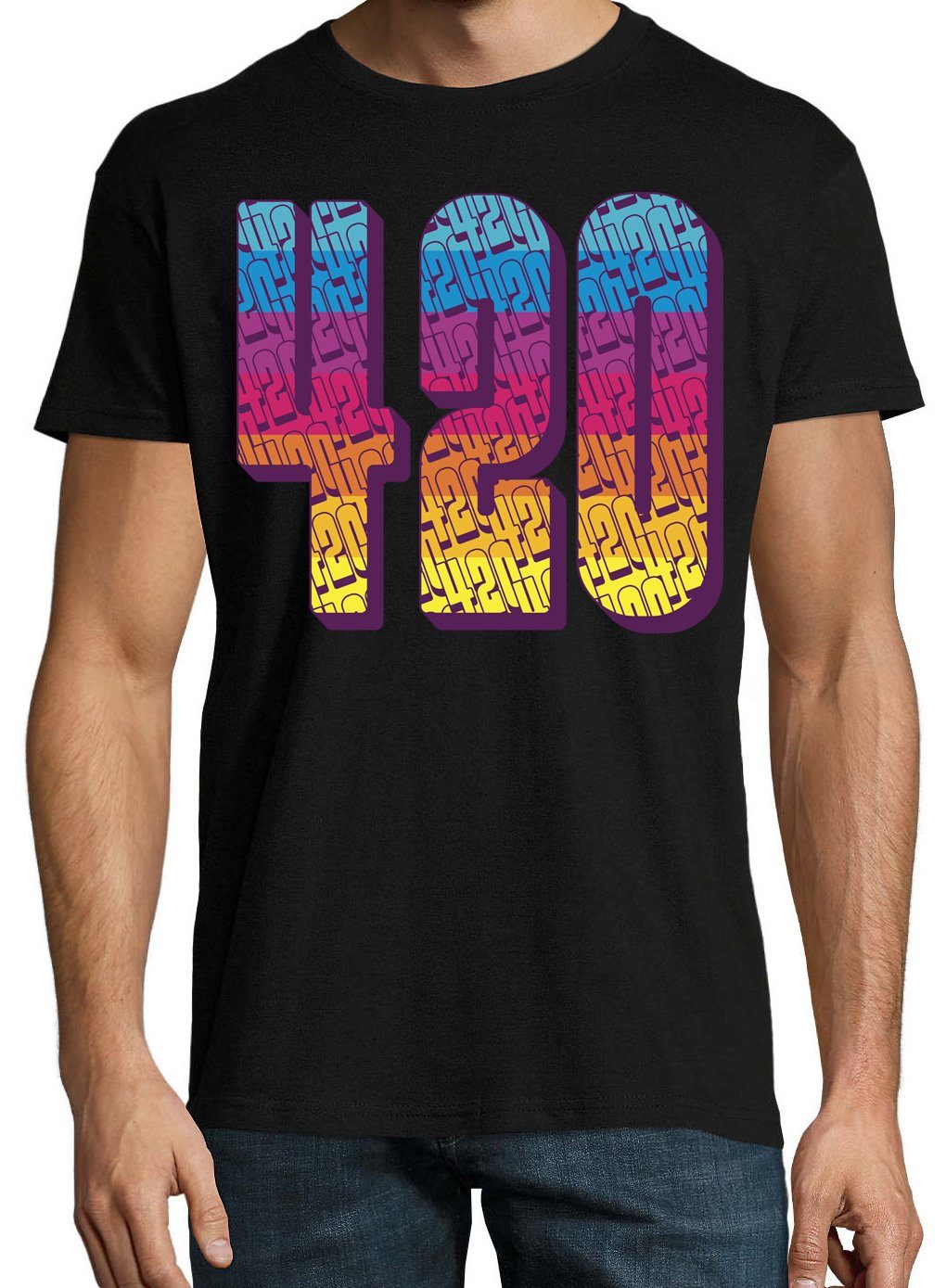 T-Shirt T-Shirt mit Trendigem Designz Regenbogen Herren Schwarz 420 Frontdruck Youth