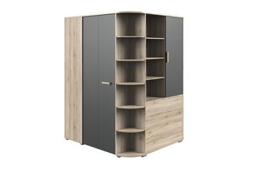 möbelando Eckkleiderschrank Canton Moderner begehbarer Eck-Kleiderschrank aus Spanplatte in San Remo Eiche Nachbildung, Absetzungen in Graphit mit 2 Holztüren, 16 Einlegeböden und 1 Kleiderstange. Breite 124 cm, Höhe 199 cm, Tiefe 148 cm, Made in Germany