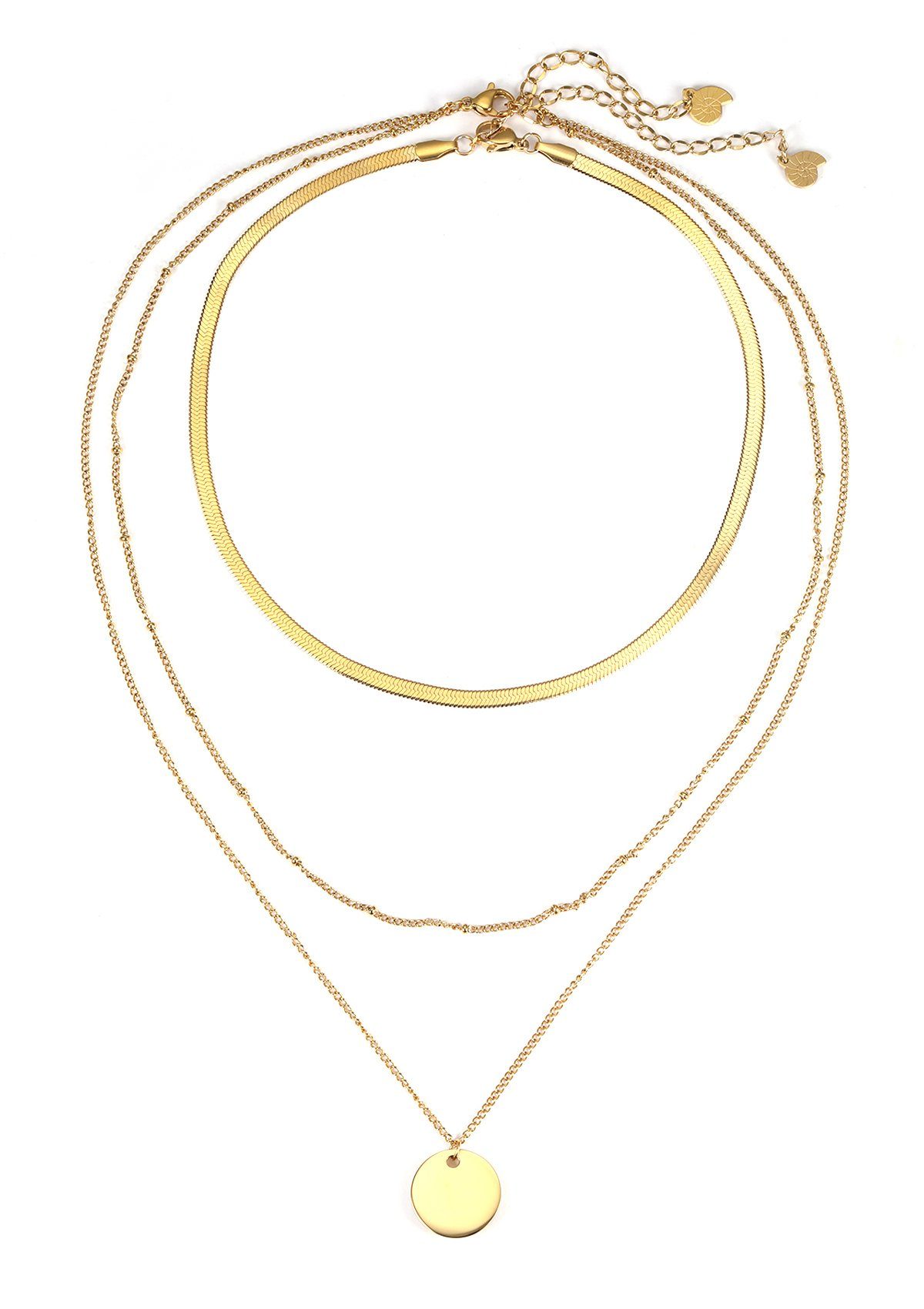 Hey Happiness Edelstahlketten-Set Layer 18K Roségold vergoldet, Choker Kette Kreis mehrreihig, Plättchen Kette Schlange, Damen Edelstahl Kette wasserfest