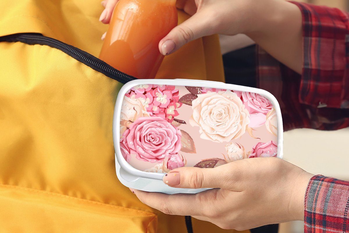 Brotbox Brotdose, MuchoWow für - Rosa Kunststoff, - Rosen Mädchen und - Weiß und (2-tlg), Lunchbox Collage, Kinder Jungs für Erwachsene,