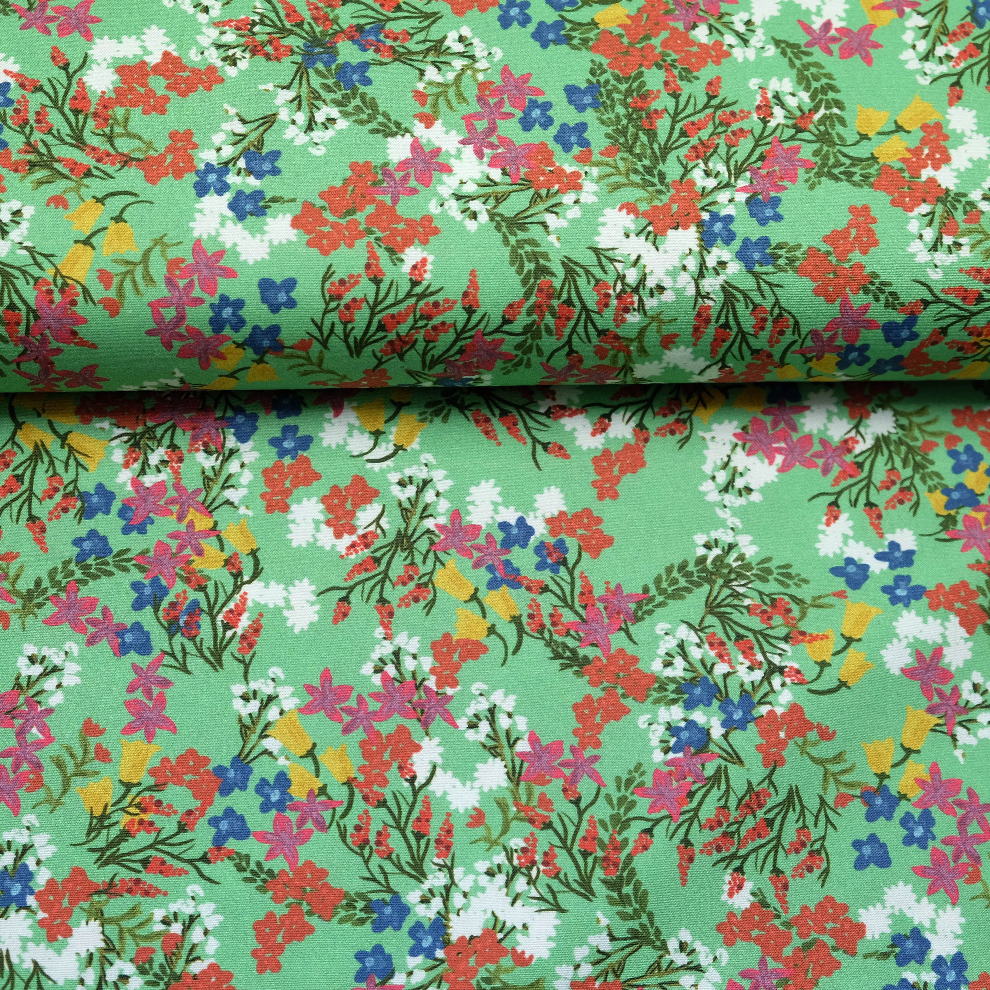 larissastoffe Stoff Baumwollstoff Blumen, elstisch gewebt, grün, Meterware, 50 cm x 150 cm, 140 cm