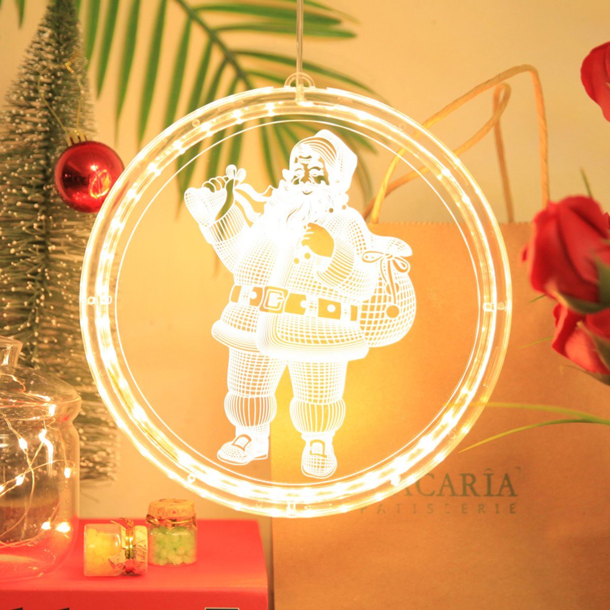Rosnek Beleuchtetes Fensterbild Weihnachtsbeleuchtung LED Lichtervorhang, mit Saugnapf,Party Deko, Hakenaufhängung, selbstklebend