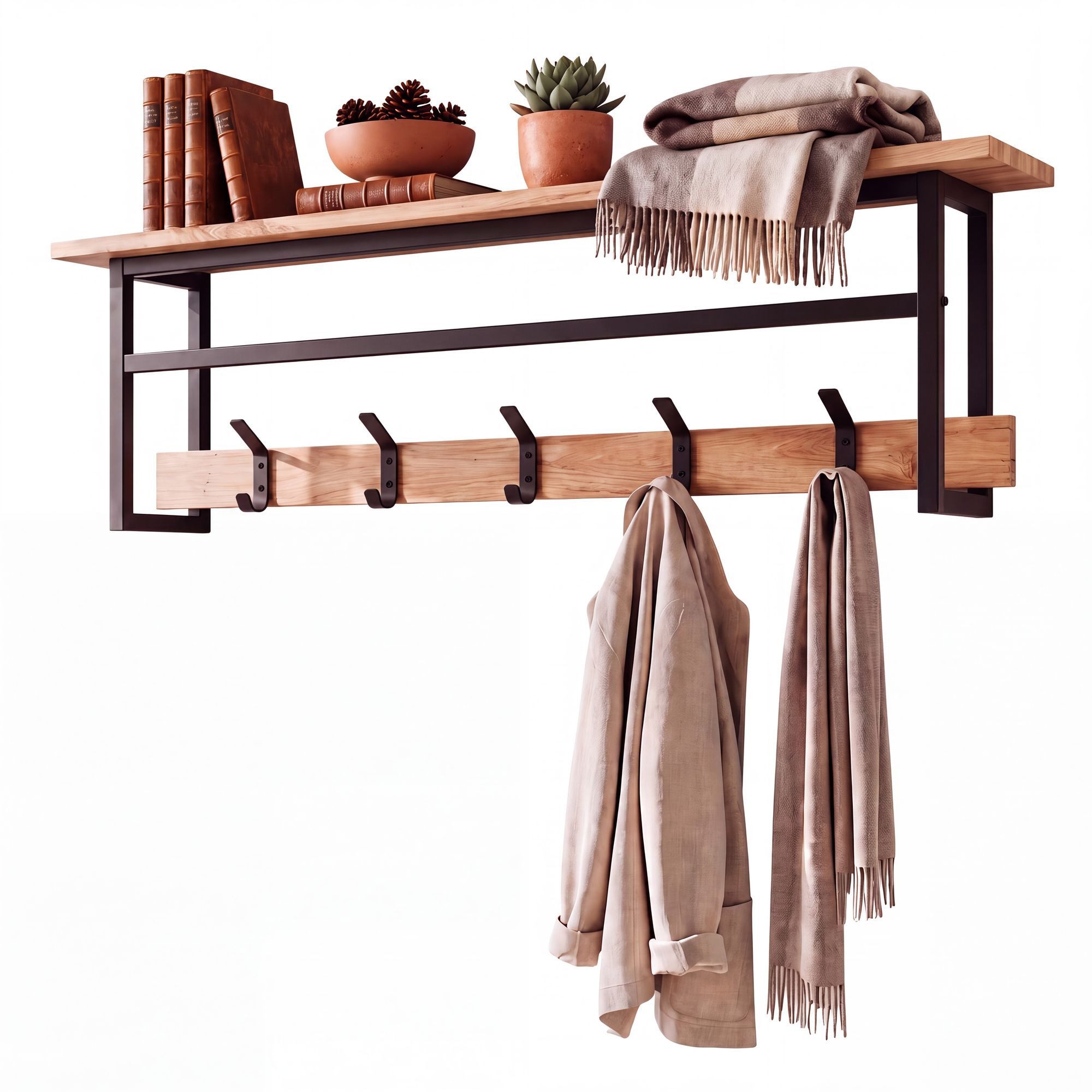 Wohnling Wandgarderobe WL7.849 Hängegarderobe 100cm Garderobe Flurgarderobe Massivholz Metall (Garderobenpaneel mit fünf Haken für deinen Flur), Garderobenleiste mit Ablage und Kleiderstange