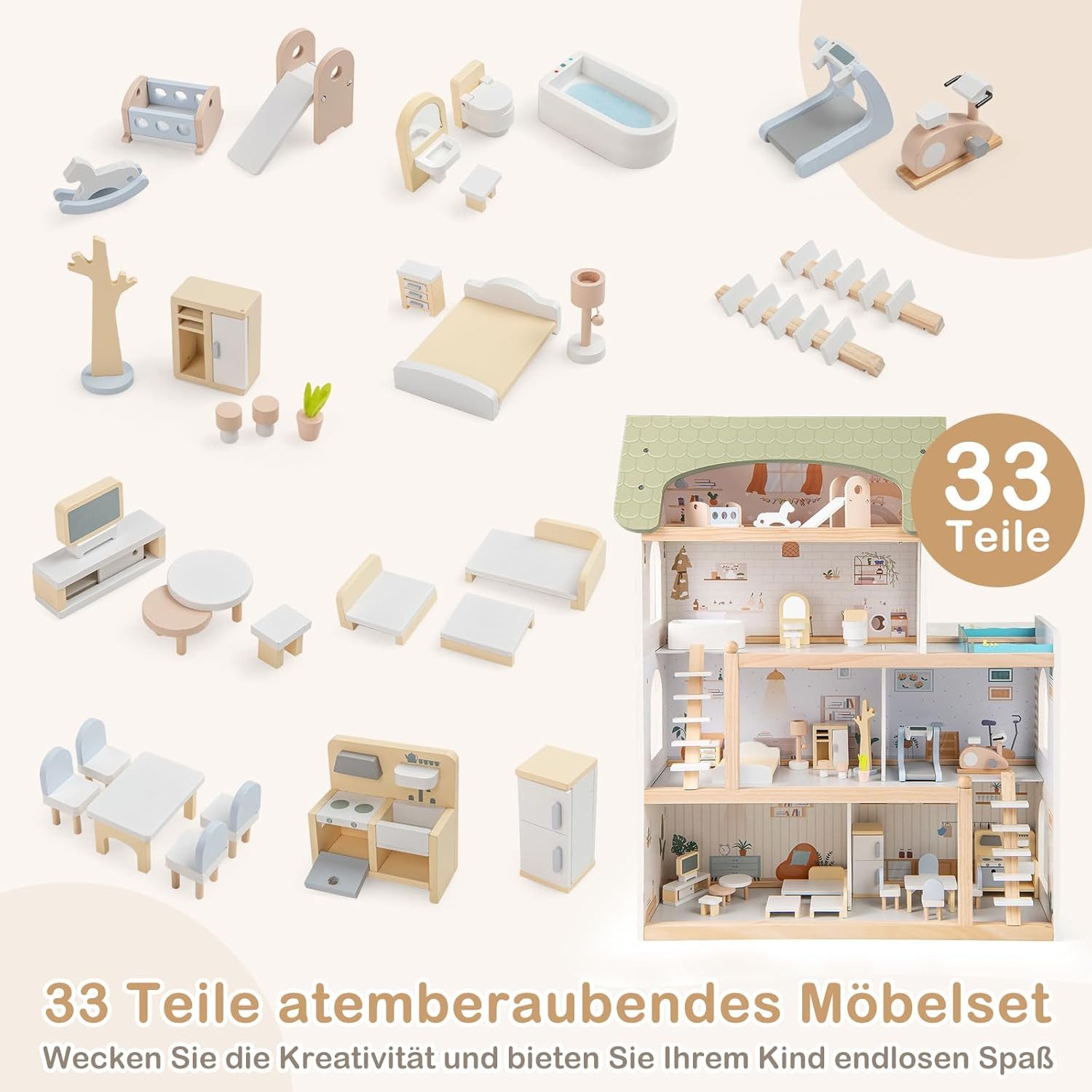 KOMFOTTEU Puppenhaus Puppen-Villa, mit 33 realistische Zubehör & Möbel, 6 Zimmer