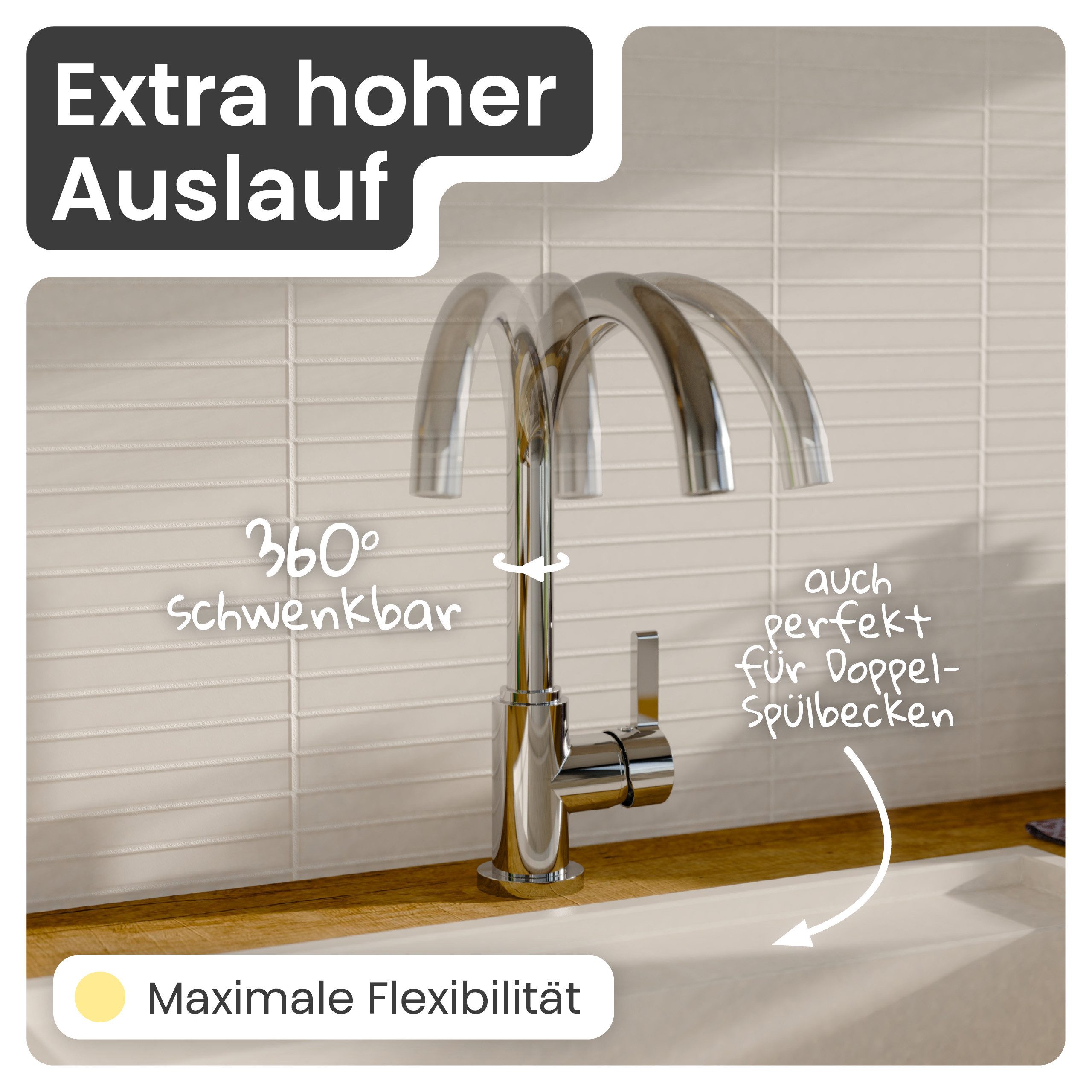 instmaier Küchenarmatur Leona, Küchenarmatur mit hohem Auslauf 360° schwenkbar, Chrom-Finishing, Hochdruck