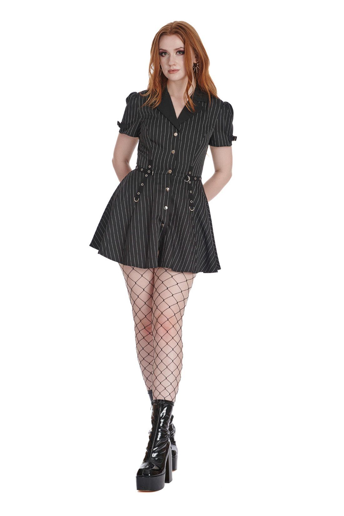 Banned A-Linien-Kleid Black Core Button Up Nadelstreifen Goth Pin Stripe