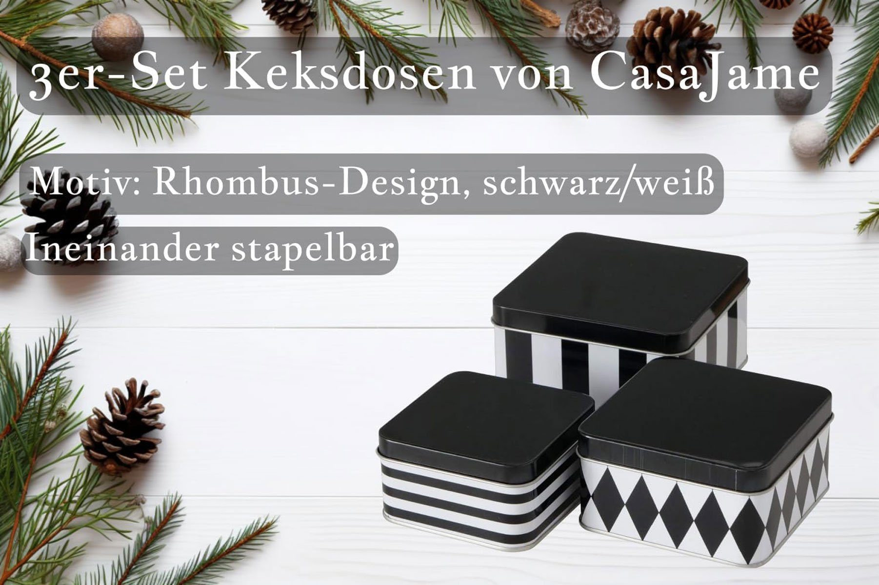 Set Keksdose GmbH Schwarz-Weiß V13 GRUPPE Metall BOLTZE Rhombus-Design Keksdosen, Eckig, 3er