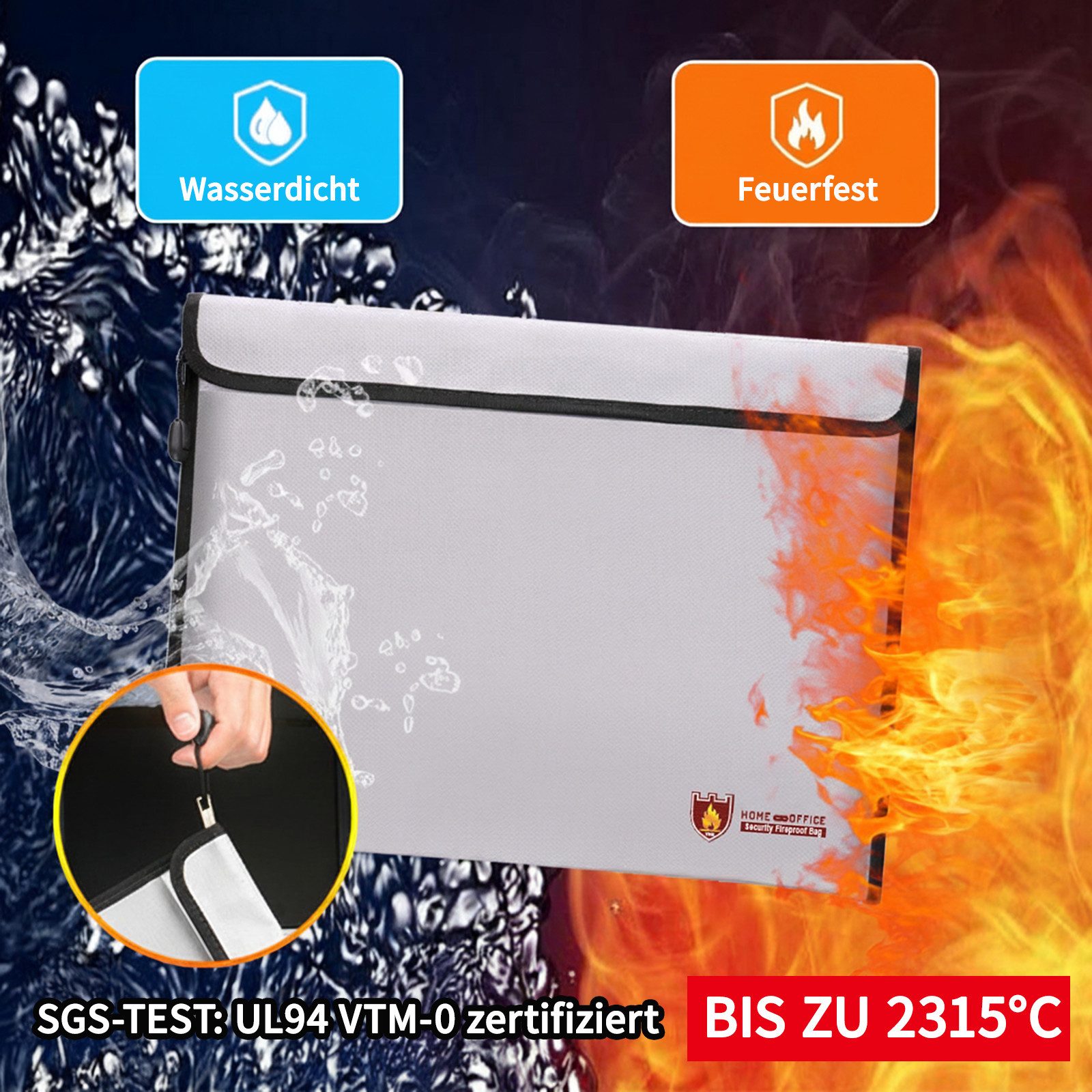 MOPUEA Dokumententasche Feuerfeste Tasche Dokumententasche Wasserdicht Große Kapazität Tragbar (Feuerfeste und wasserdichte Dokumententasche für Wertsachen, Schützt vor Feuer (1200°C) und Wasser, für A4-Dokumente), Große Kapazität, Reißverschluss, feuchtigkeitsbeständig, vielseitig