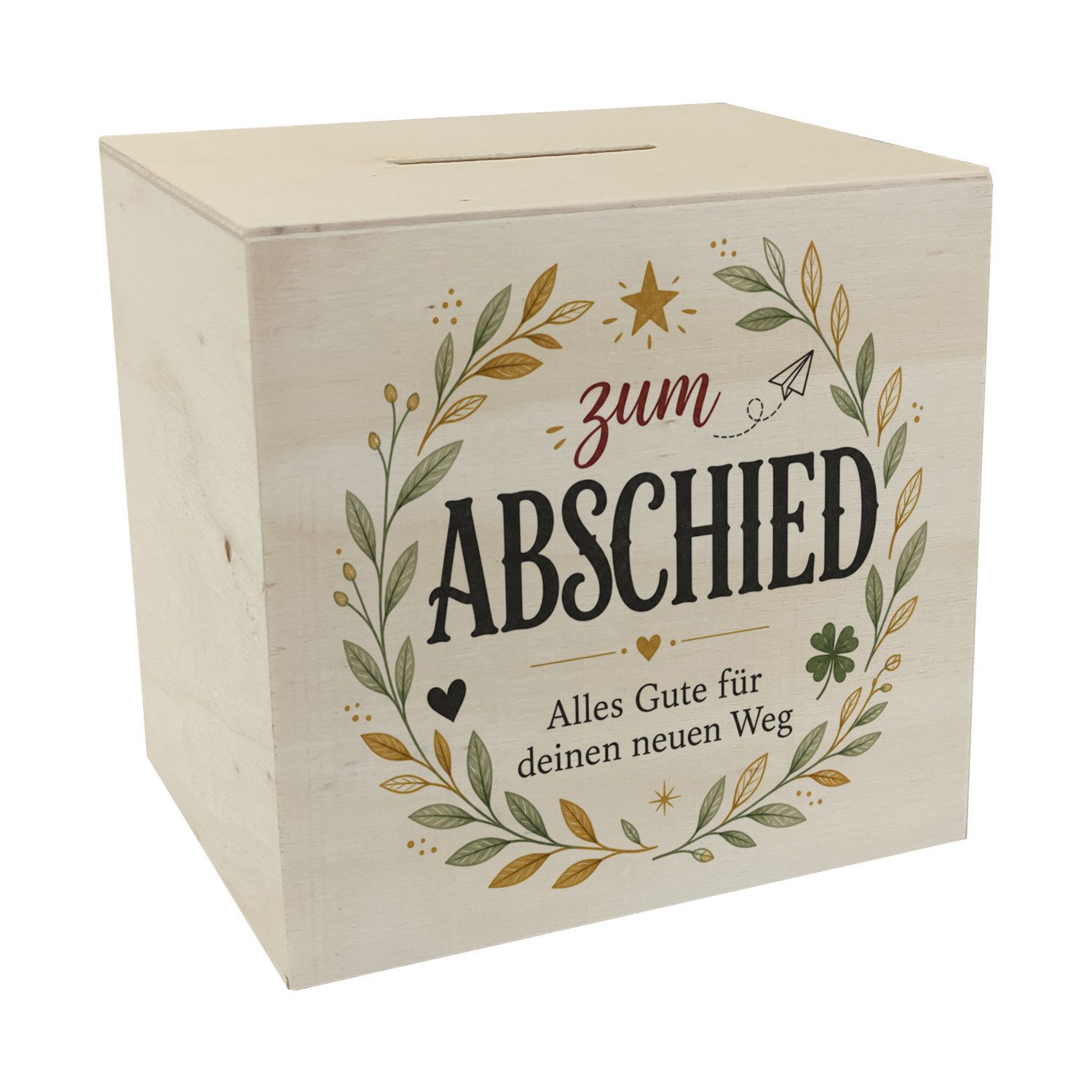 speecheese Spardose Spardose Holz Abschied Holzspardose mit Blätterkranz Spruch: zum für
