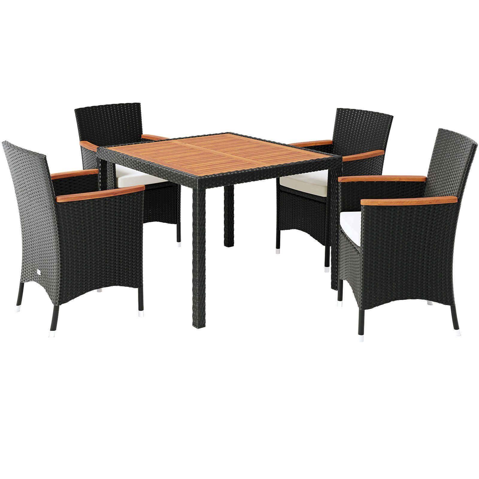 Casaria Sitzgruppe Verona, Polyrattan Akazie 4 Stapelbare Stühle 7cm Auflagen Gartentisch