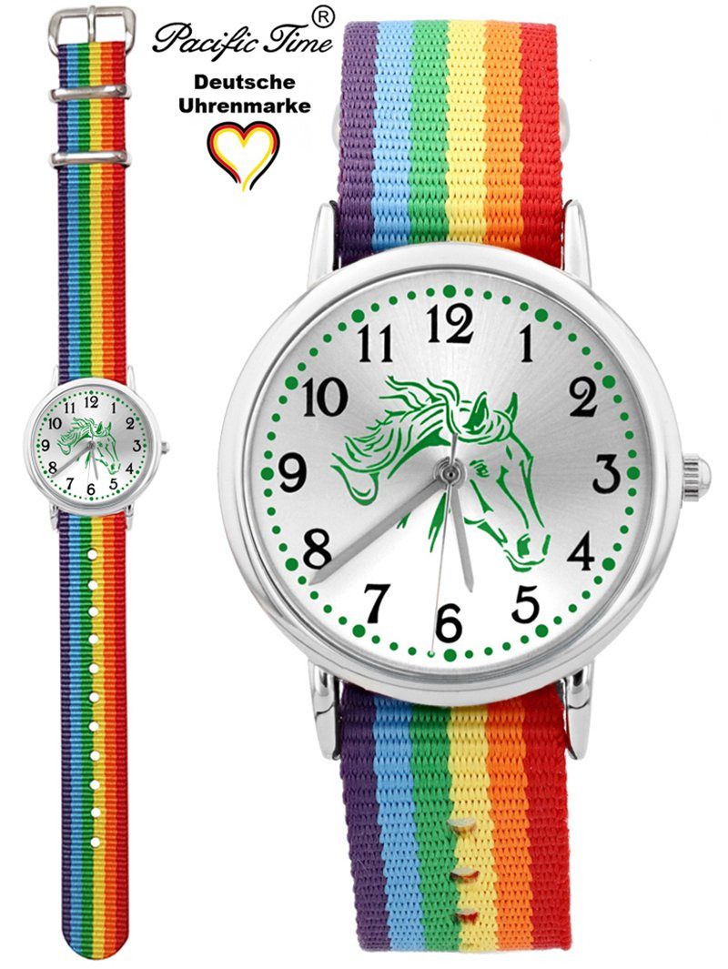 Pacific Time Quarzuhr Kinder Armbanduhr Pferd grün Wechselarmband, Mix und Match Design - Gratis Versand Pferd grün Armband Regenbogen