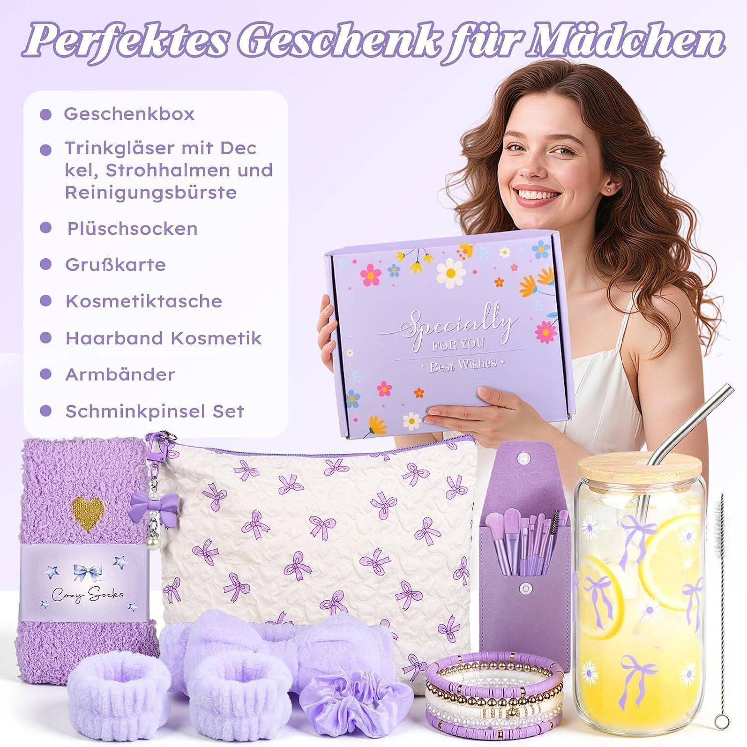 LuxusKollektion Geschenkbox Mädchen Geschenkset Lila mit Glas & Kosmetik, Geschenk Schachtel