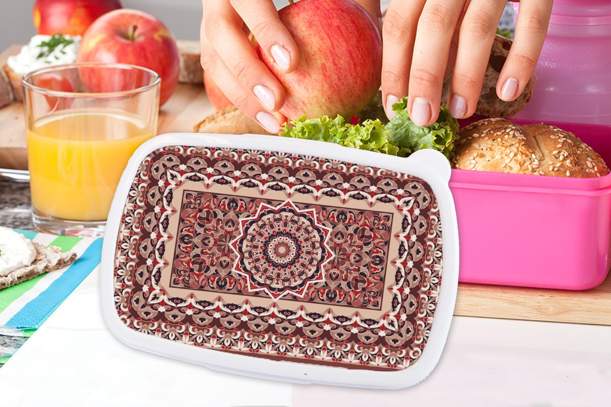 Mandala Kunststoff Brotbox Snackbox, rosa - Persische Mädchen, Kunststoff, Teppiche Brotdose - Erwachsene, - Rot, Kinder, Teppiche Lunchbox MuchoWow (2-tlg), für