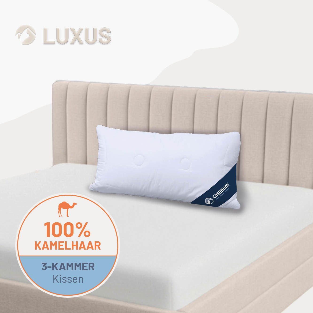 casimum 3-Kammer-Kopfkissen LUXUS Kamelhaar-Kissen 80x80, Kissen 40x80, hergestellt in Deutschland, Füllung: 100% Kamelhaar (Außenkammer), Bezug: 100 % Baumwolle, Seitenschläfer, Rückenschläfer, anschmiegsam & stützend, für Allergiker geeignet, atmungsaktiv