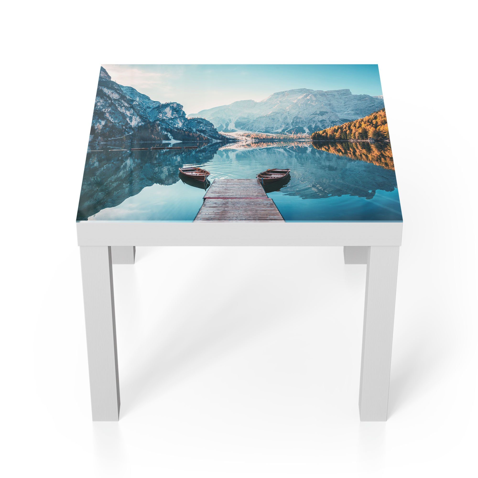 DEQORI Couchtisch 'Blick auf Lago di Braies', Glas Beistelltisch Glastisch modern Weiß