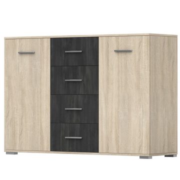 MOEBLO Kommode KALLAS 2D4S (Sideboard Wohnzimmer Kommode Schlafzimmer Komodenschrank Highboard, mit Schubladen, mit Schränken Eiche Sonoma + Zirbelkiefer), (B x H x T): 135x93x42 cm