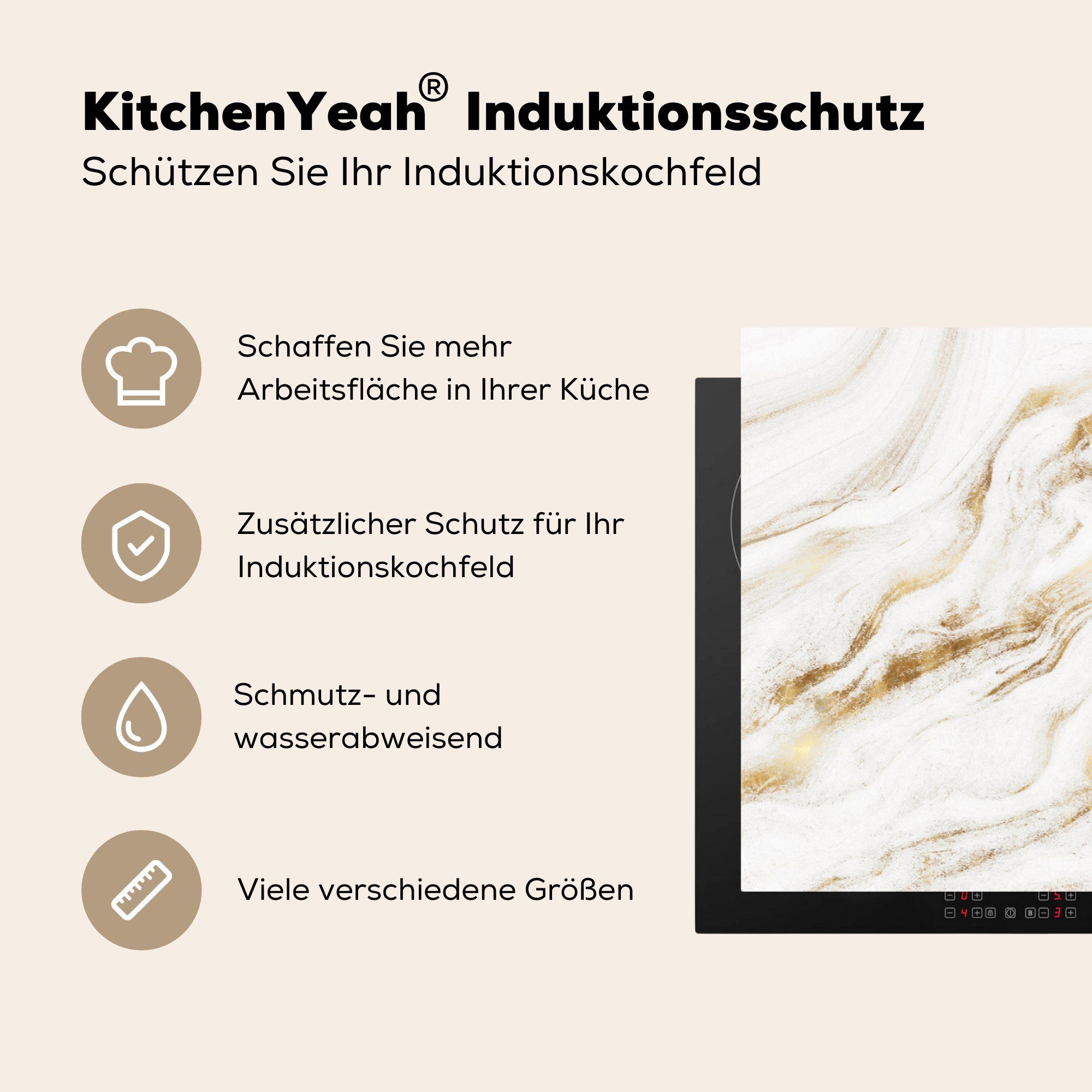 Weiß, für - Ceranfeldabdeckung Induktionskochfeld Marmor küche, 81x52 die Schutz (1 cm, - Vinyl, MuchoWow Gold Herdblende-/Abdeckplatte tlg),