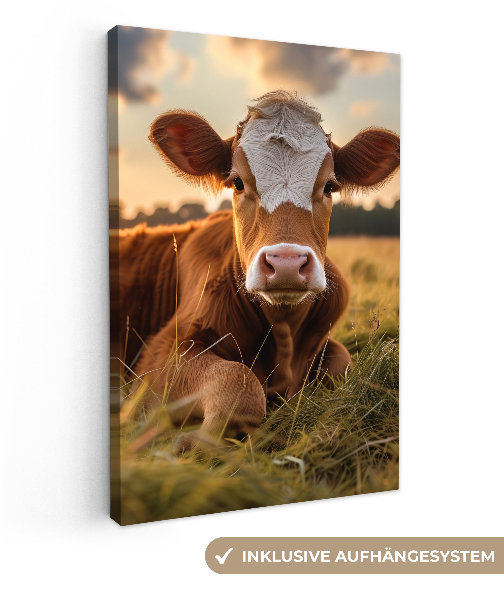 OneMillionCanvasses® Leinwandbild Kuh - Tier - Wiese - Gras - Tiere - Natur, Fotodruck (1 St), Leinwand Canvas Wandbild, Wanddekoration 20x30 cm