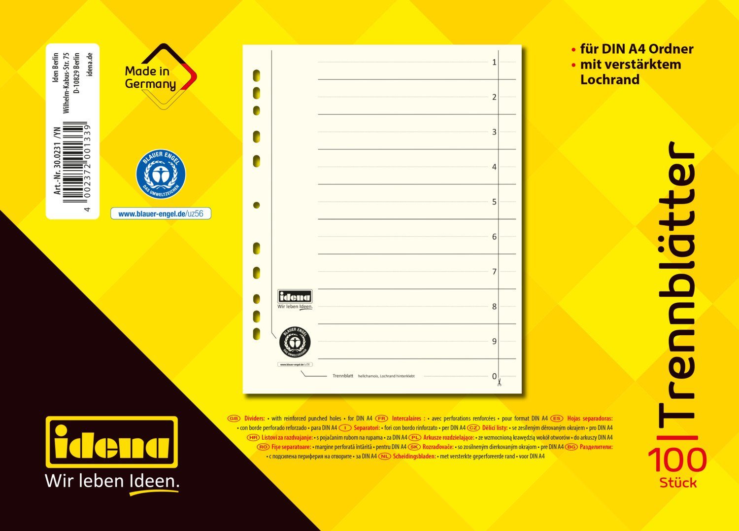 Idena Aktenordner Idena 300231 - Trennblätter DIN A4, aus Karton, 190 g/m², hellchamois