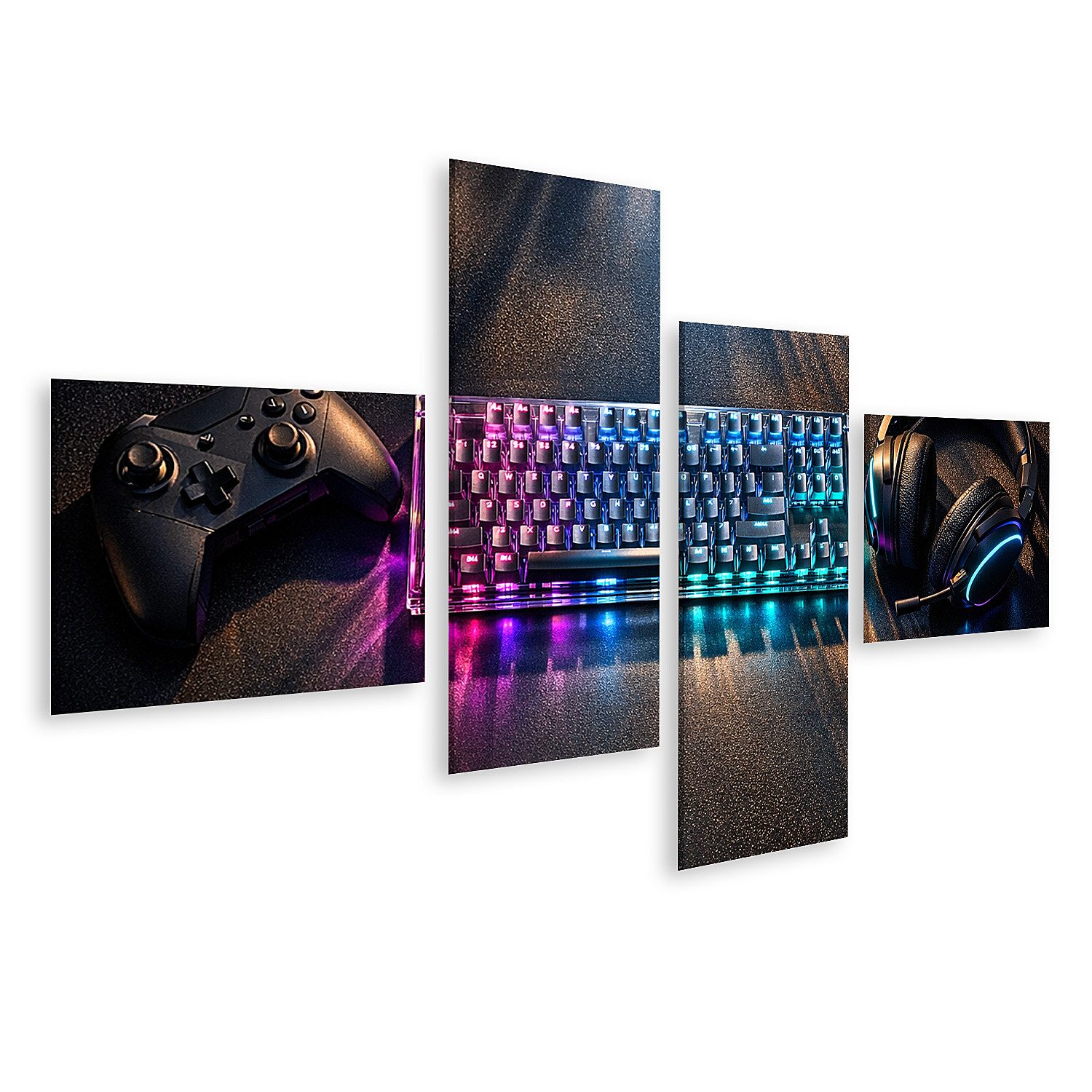 islandburner Leinwandbild Gaming Setup mit RGB Beleuchtung und Controller - 4-teilig - Edition