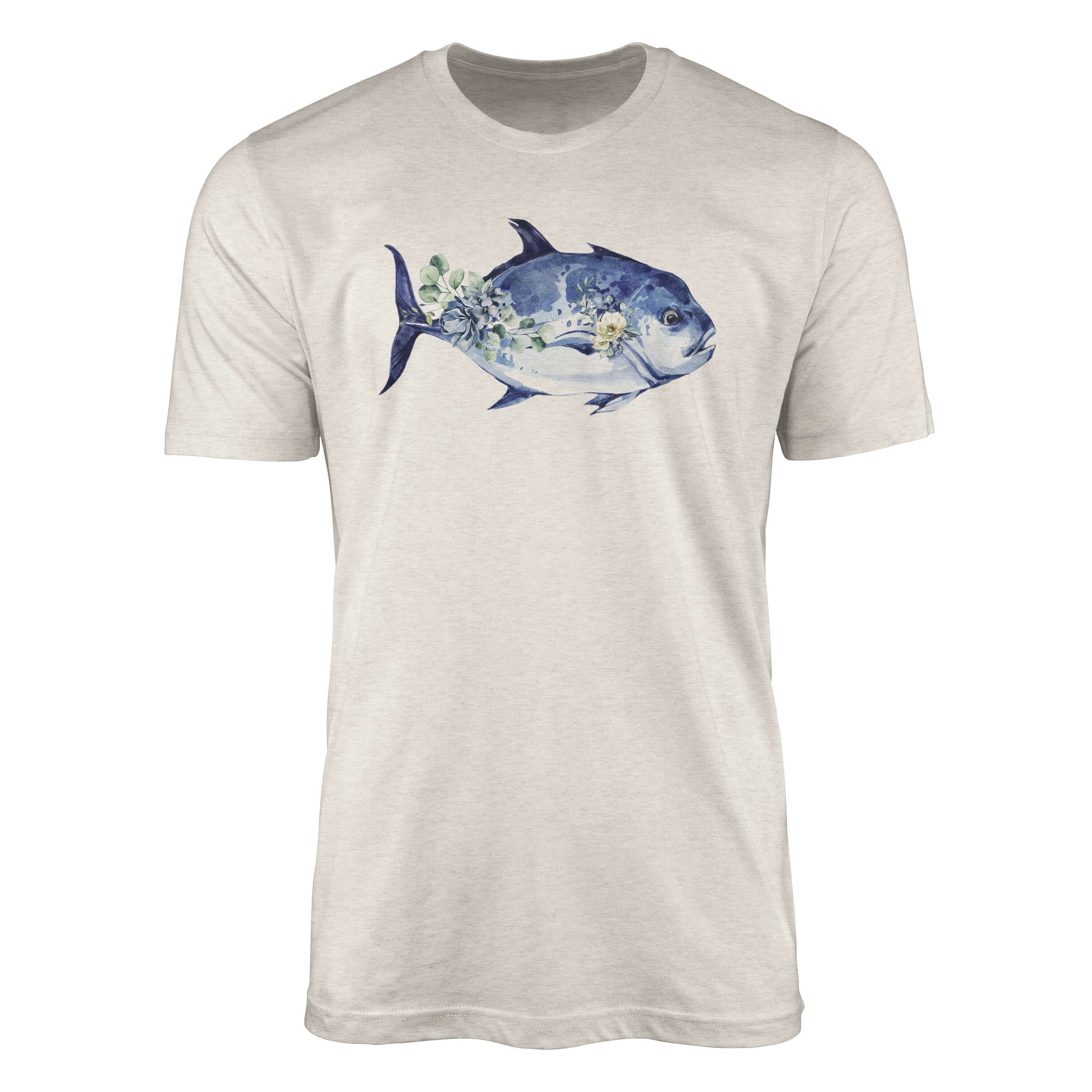 Sinus Art T-Shirt Herren Shirt 100% gekämmte Bio-Baumwolle T-Shirt Fisch Blumen Wasserfarben Motiv Nachhaltig Ökomode (1-tlg)