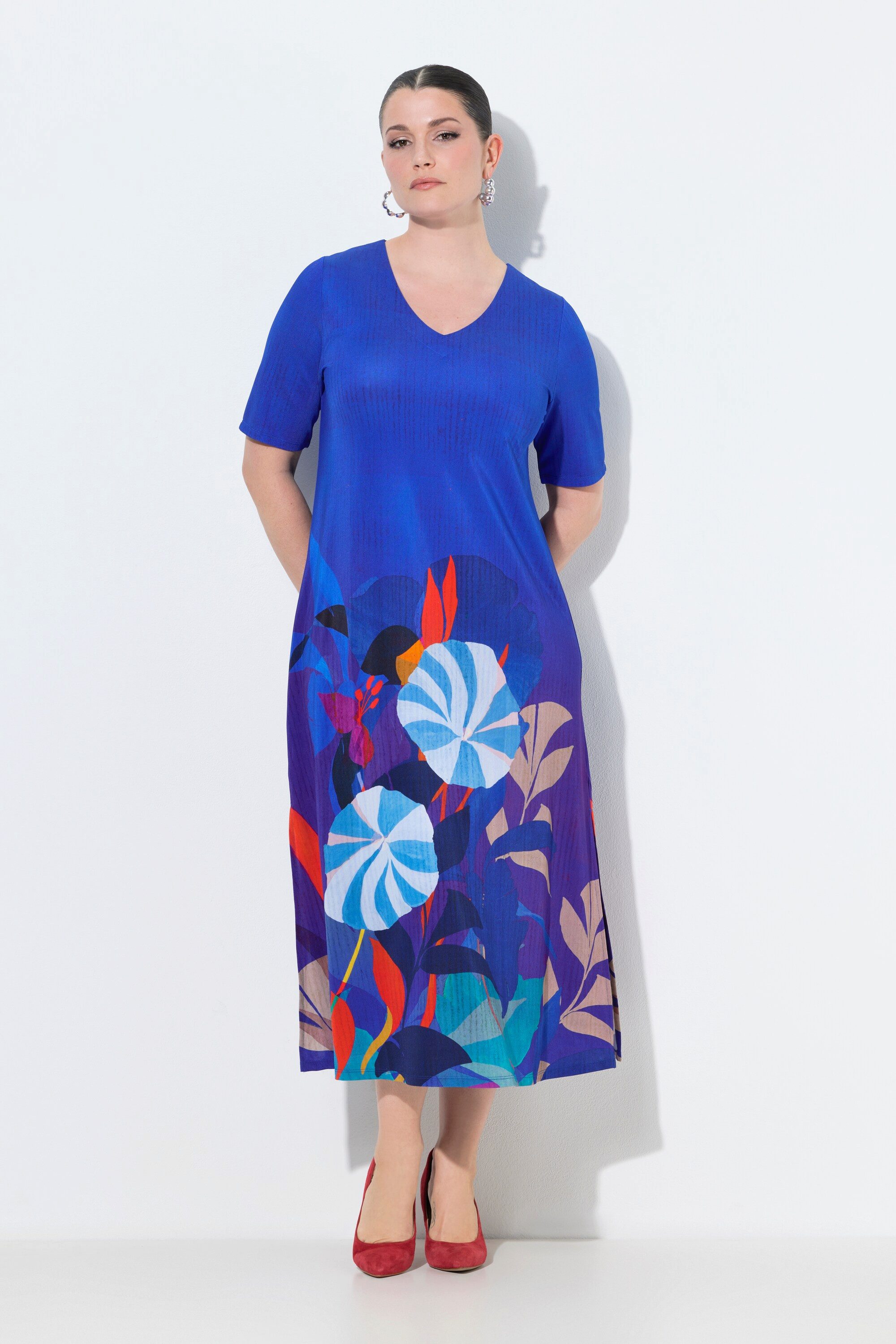 Ulla Popken Jerseykleid Midikleid Blüten V-Ausschnitt Halbarm Slinkypiqué