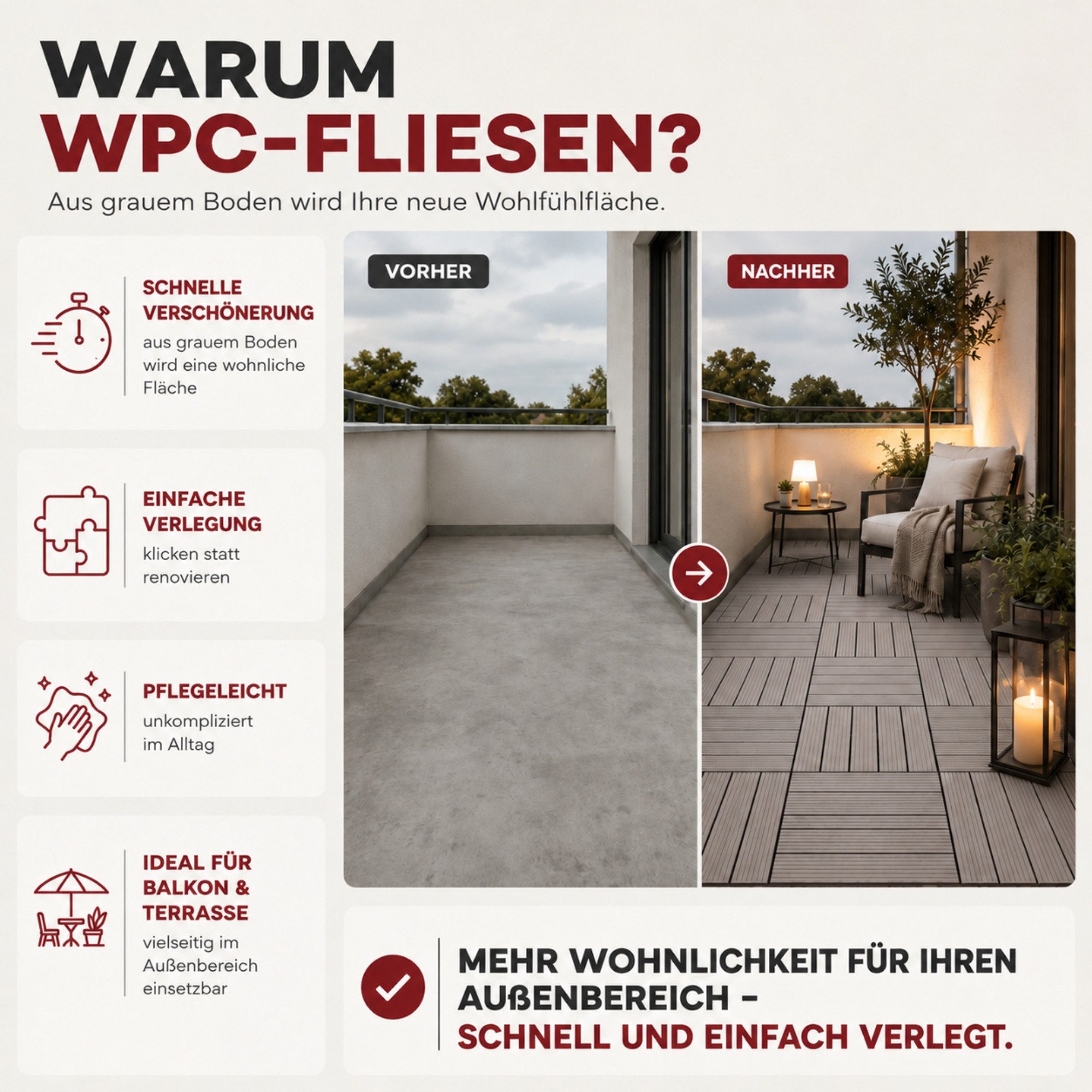 Ravino Bodenfliese, WPC 31x31, Anthrazit, WPC Klickfliesen Balkon Terrasse Balkonfliesen Klicksystem