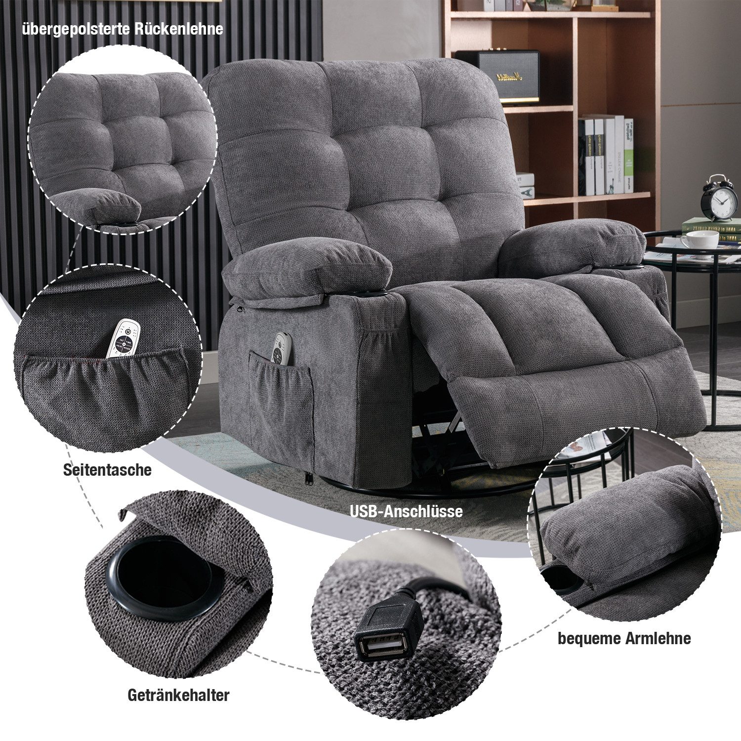 bosmiller Relaxsessel Elektrisch Fernsehsessel Verstellbar Massagesessel mit Liegefunktion (1-St), Ergonomisch Heizung Sessel mit Getränkehalter – Bild 4 von 5
