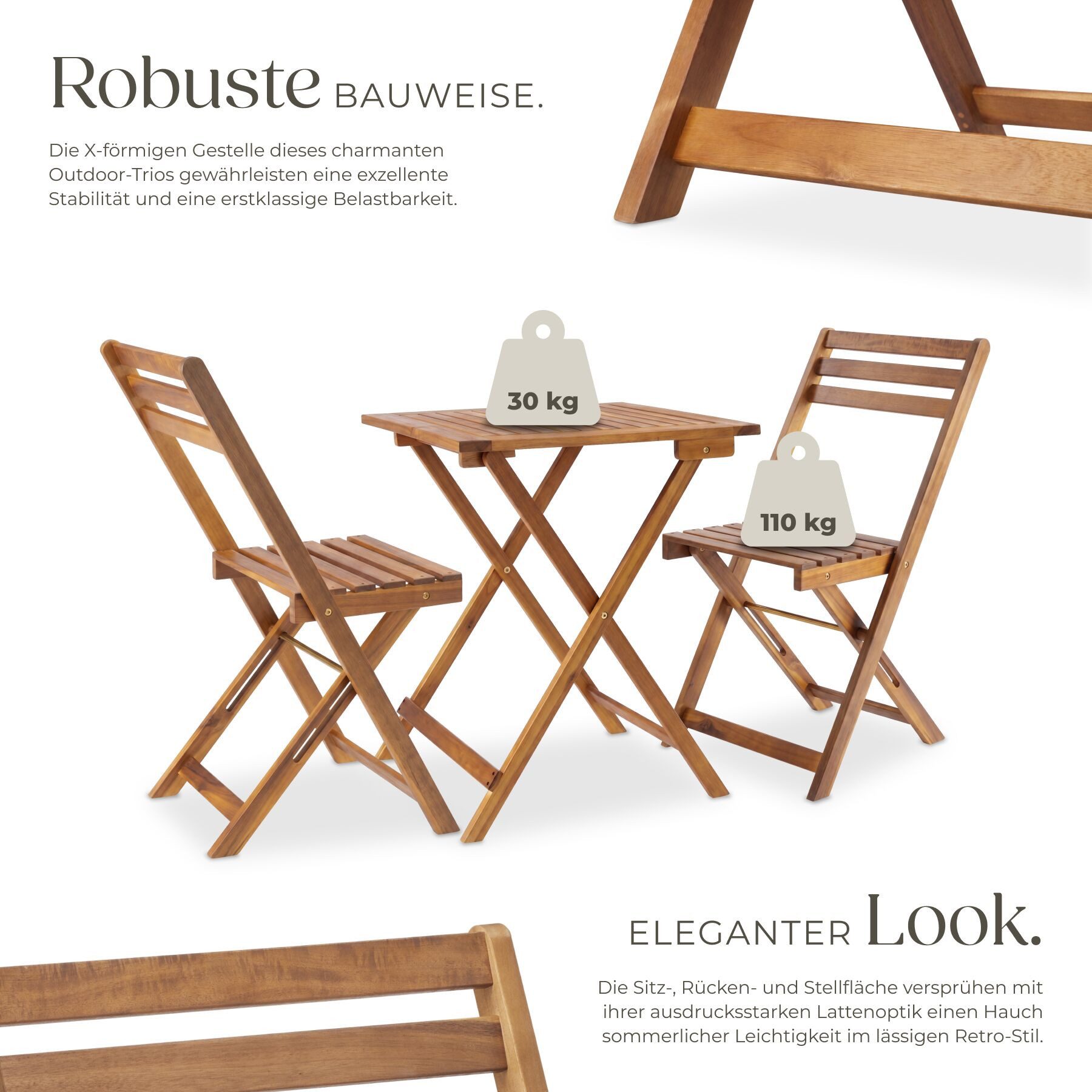 tectake Essgruppe Bistroset für 2 Personen, massives Akazienholz, klappbar, (Balkonmöbel Sóller, 3-tlg., in braun), wetterfest, vormontiert, Belastbarkeit Stuhl 110 kg