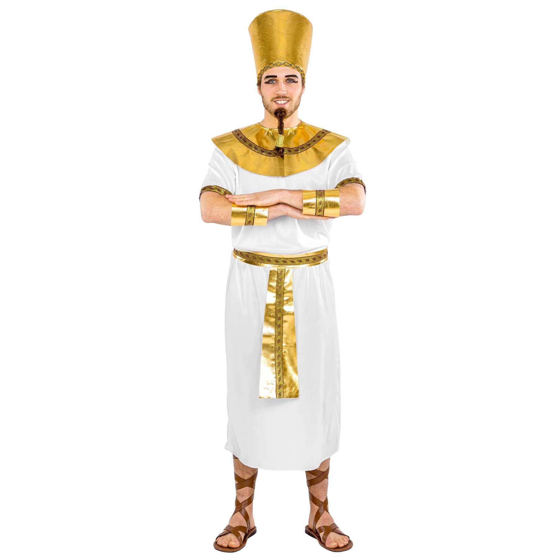 dressforfun Kostüm Pharao, auch Ägyptischer Herrscher, in weiß, Gr. XL, Bindegürtel, Schöner Kragen bindbar, Bequemes Gewand mit Bordüre an den Ärmeln