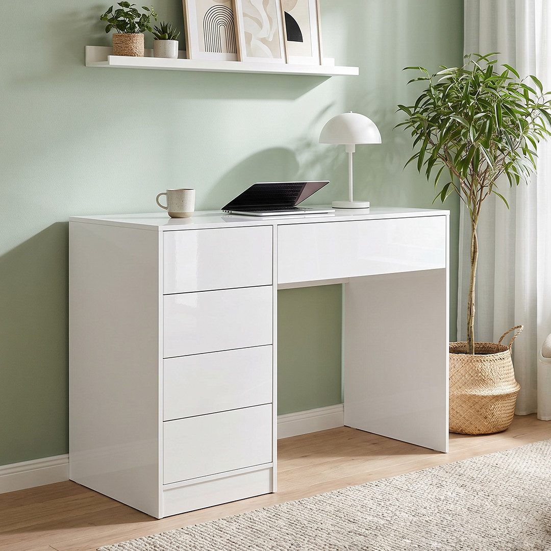 Bellamio Schreibtisch Livny mit 5 Schubladen, beidseitig montierbar (Push-to-Open, weiß), 80x53x110 cm