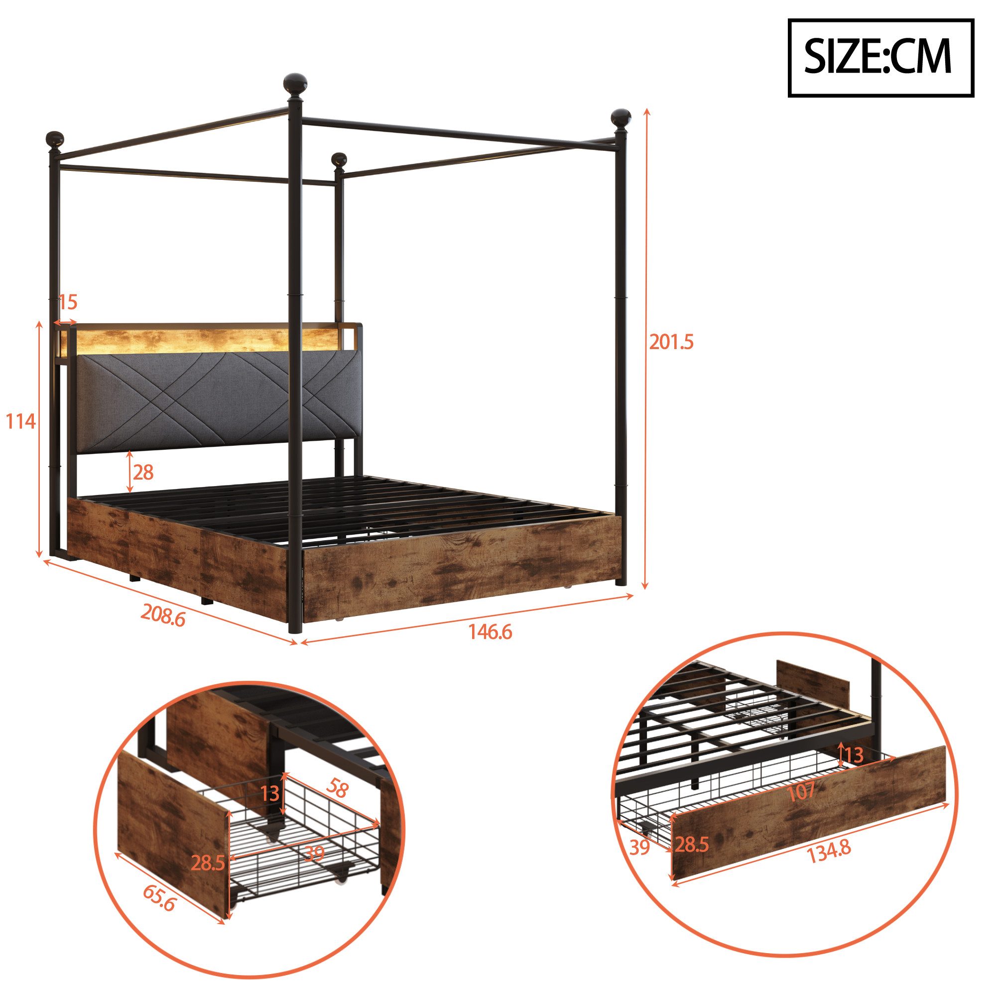Celya Himmelbett Multifunktionales Doppelbett Jugendbett (ohne Matratze, mit abnehmbaren Bettpfosten mit LED, USB undType-C, mit Stauraum), ideal für moderne Schlafzimmer, Jugendzimmer oder kompakte Wohnungen