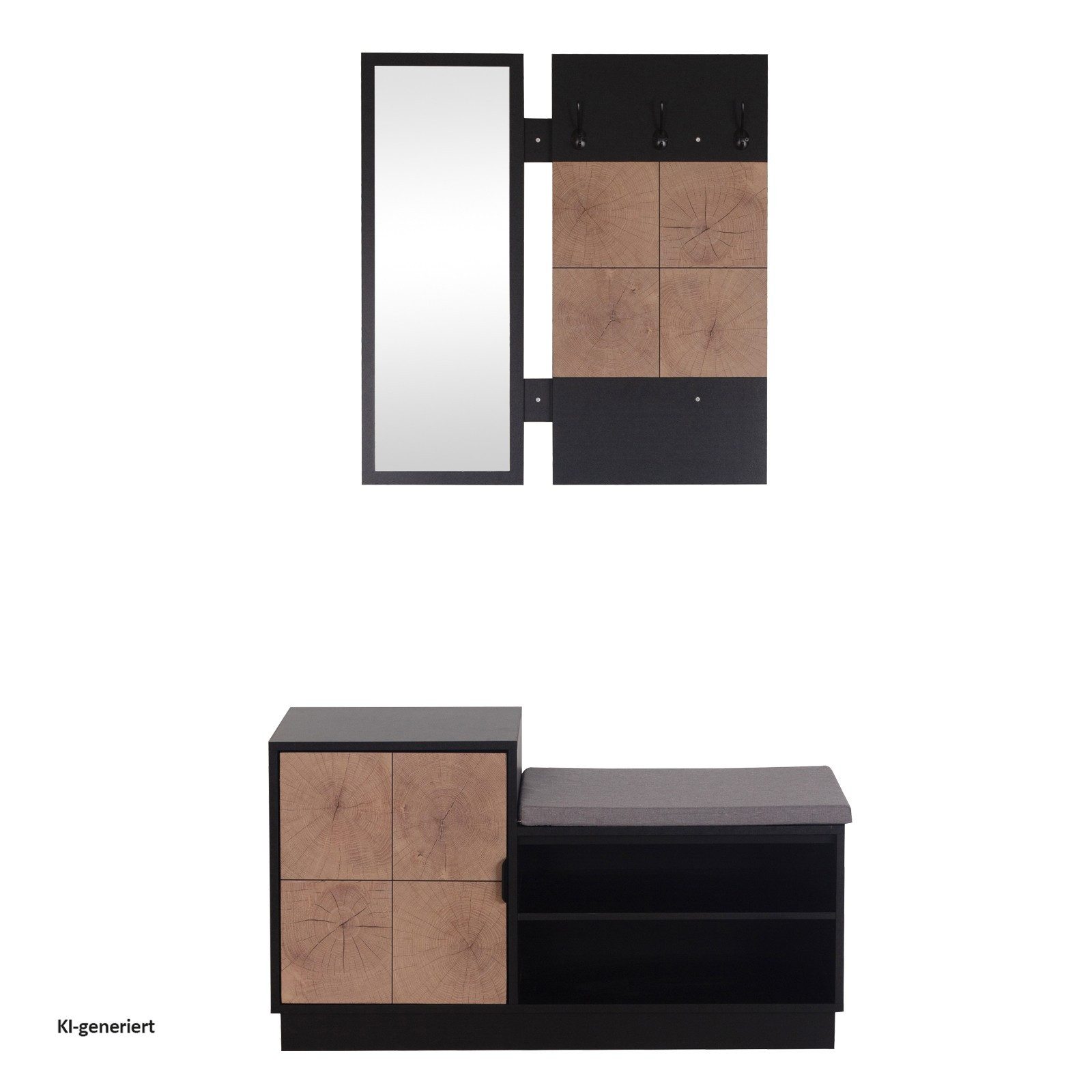 HTI-Living Garderoben-Set Garderobe Dana mit Schuhbank Schwarz, (Set, 2-St., 1 Garderobenpaneel mit Spiegel, 1 Schuhbank), Garderobenpaneel Spiegel Schuhregal mit Sitzkissen