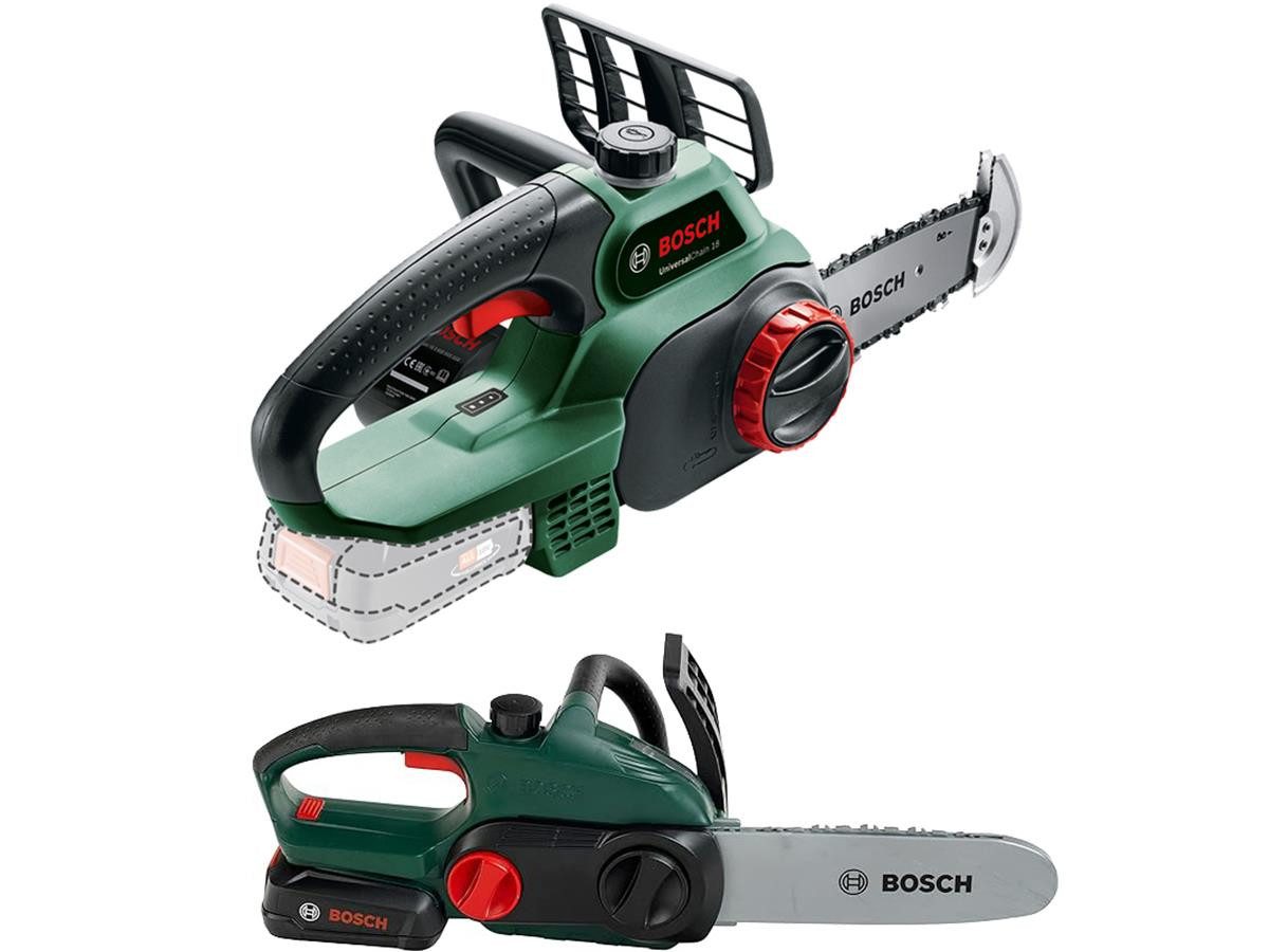 Bosch Professional Akku-Kettensäge UniversalChain 18 Set 1, 20 cm Schwertlänge, inkl. BOSCH Spielzeug Kettensäge Theo Klein