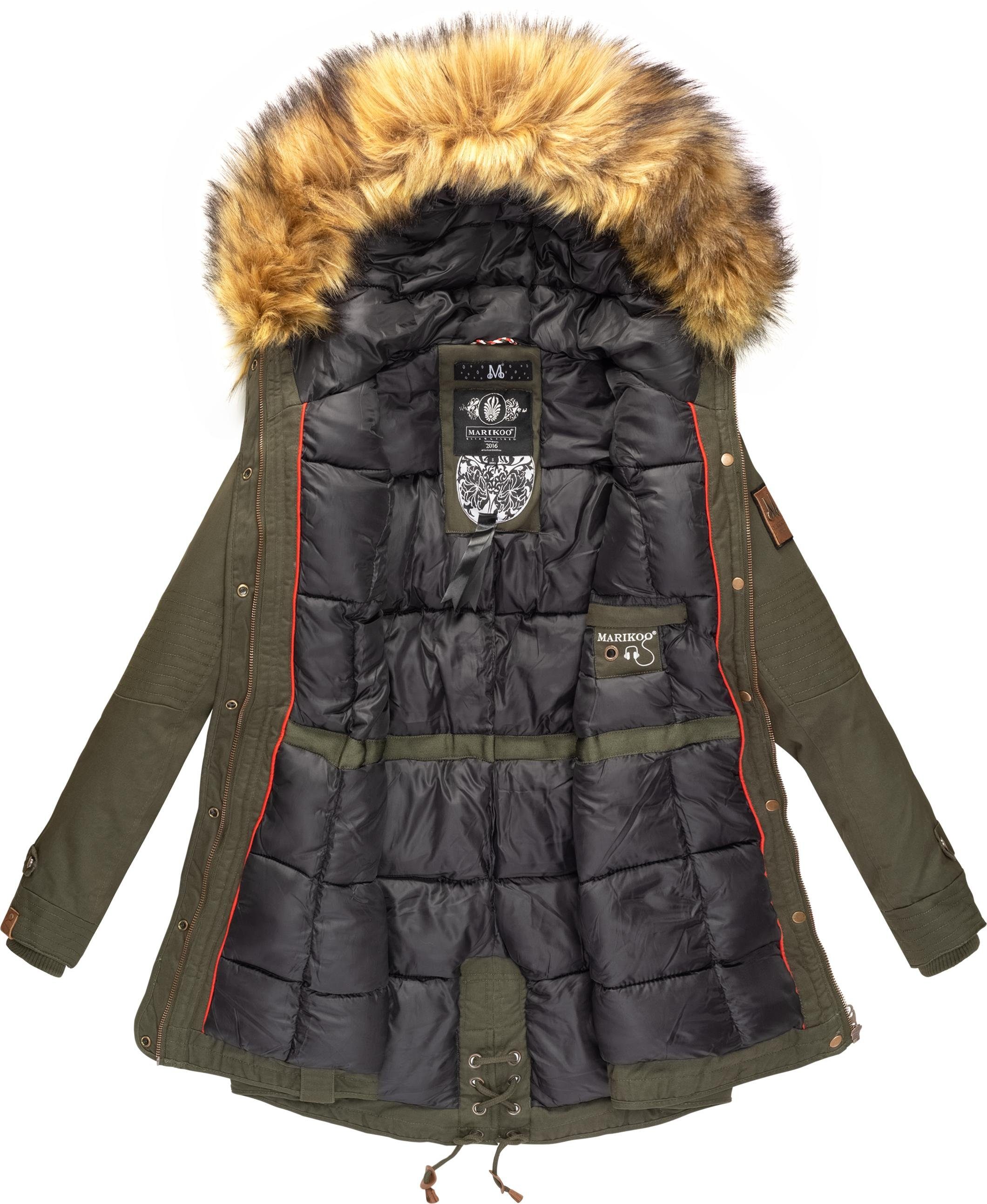 Marikoo Wintermantel La Viva Prc Winterparka grün Kunstfell abnehmbarem mit stylischer