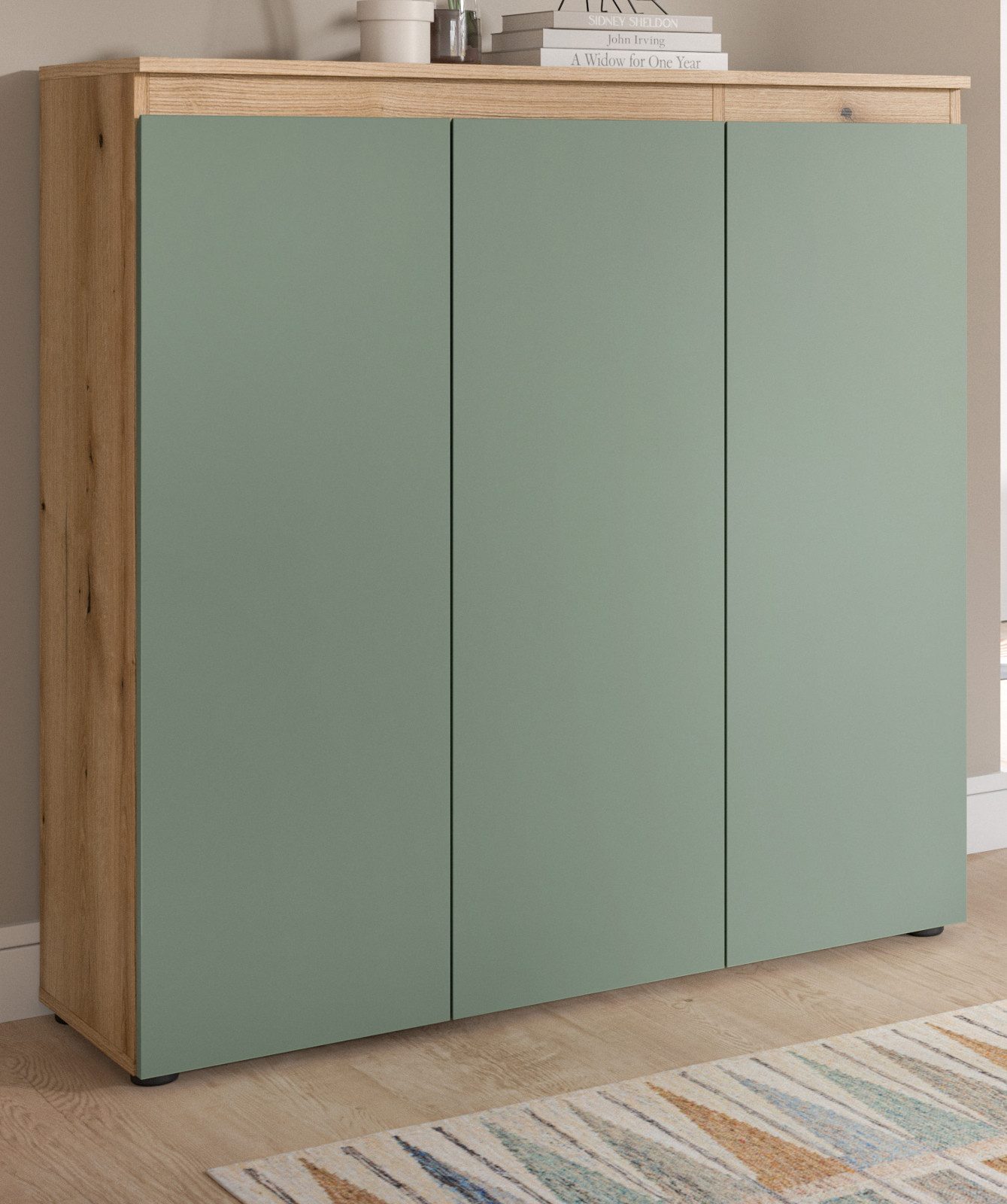 Inn.Furn Kombikommode Assino (Hohe Kommode in Eiche und Rauchgrün, 3-türig, 105 x 111 cm), mit 8 Einlegeböden für bis zu 10 Fächer – Bild 5 von 5
