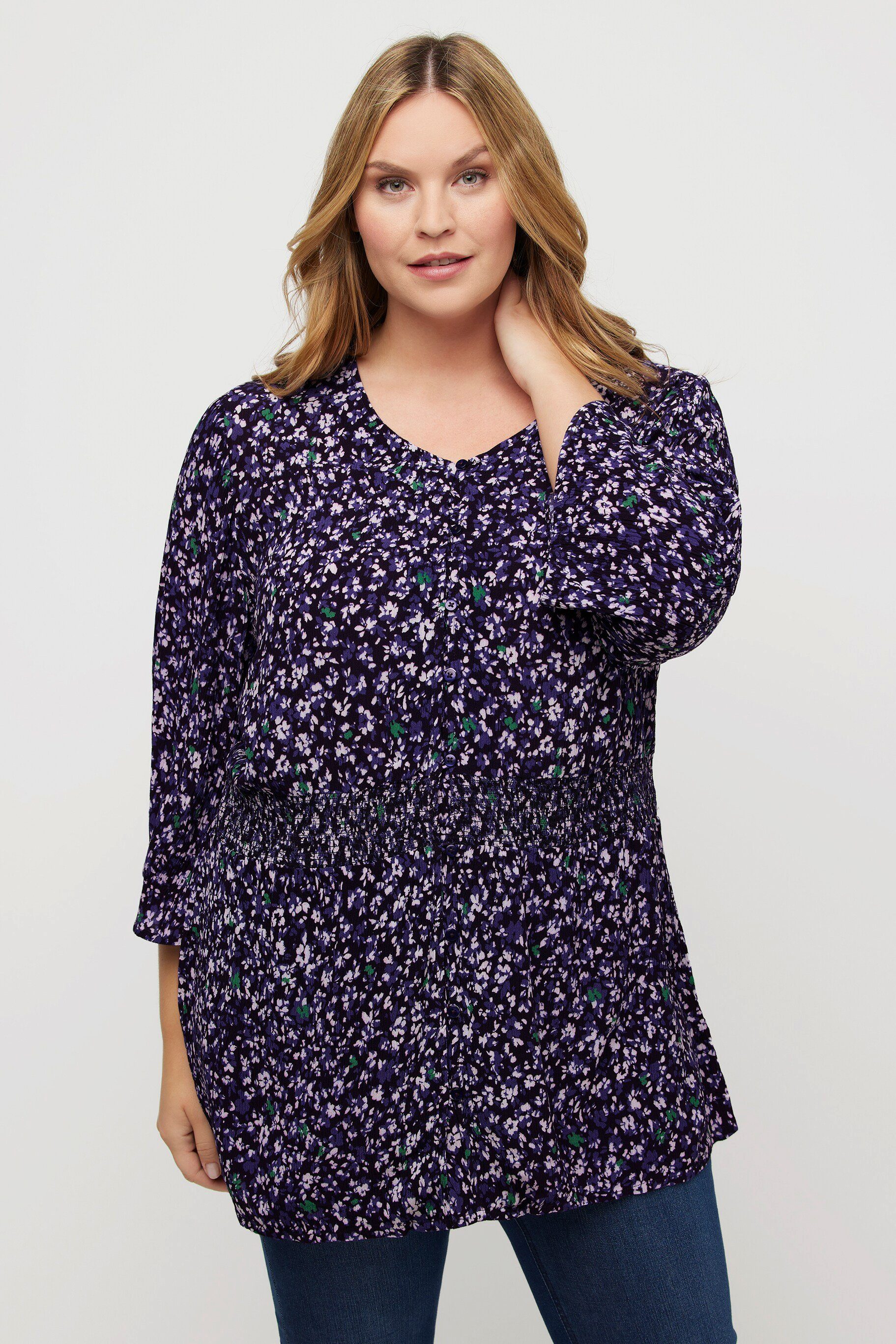 Tunika Bluse Smokeinsatz V-Ausschnitt 3/4-Arm