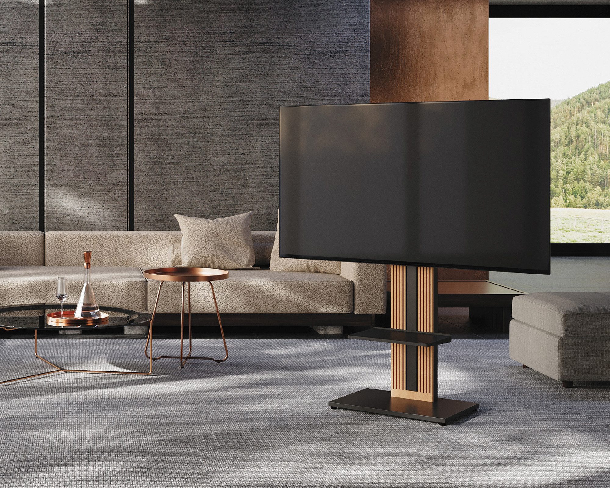 FITUEYES TV-Ständer aus Holz, mit höhenverstellbarer Ablage, ±15° schwenkbar, 32-65 Zoll, (bis 65,00 Zoll, höhenverstellbar, mit Kabelmanagement) – Bild 3 von 5